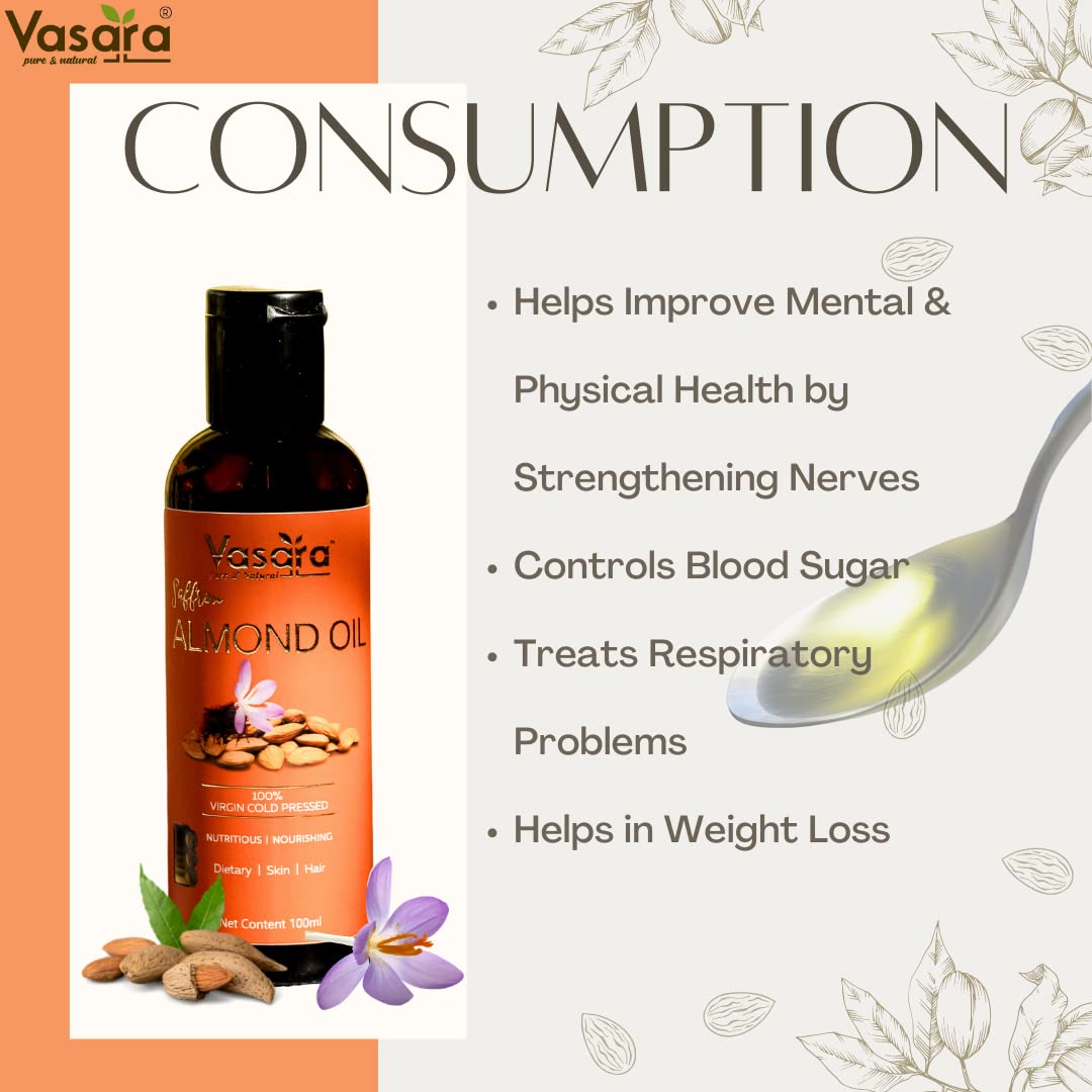 VASARA Premium Cold Pressed Almond & Saffron Oil - 100% Pure Virgin Grade Facial & Hair Care - 100ml - Natural Moisturizer for Dry Skin, Anti-Aging & Scalp Treatment - Perfect for Daily Skincare & Hair Growth Routine
