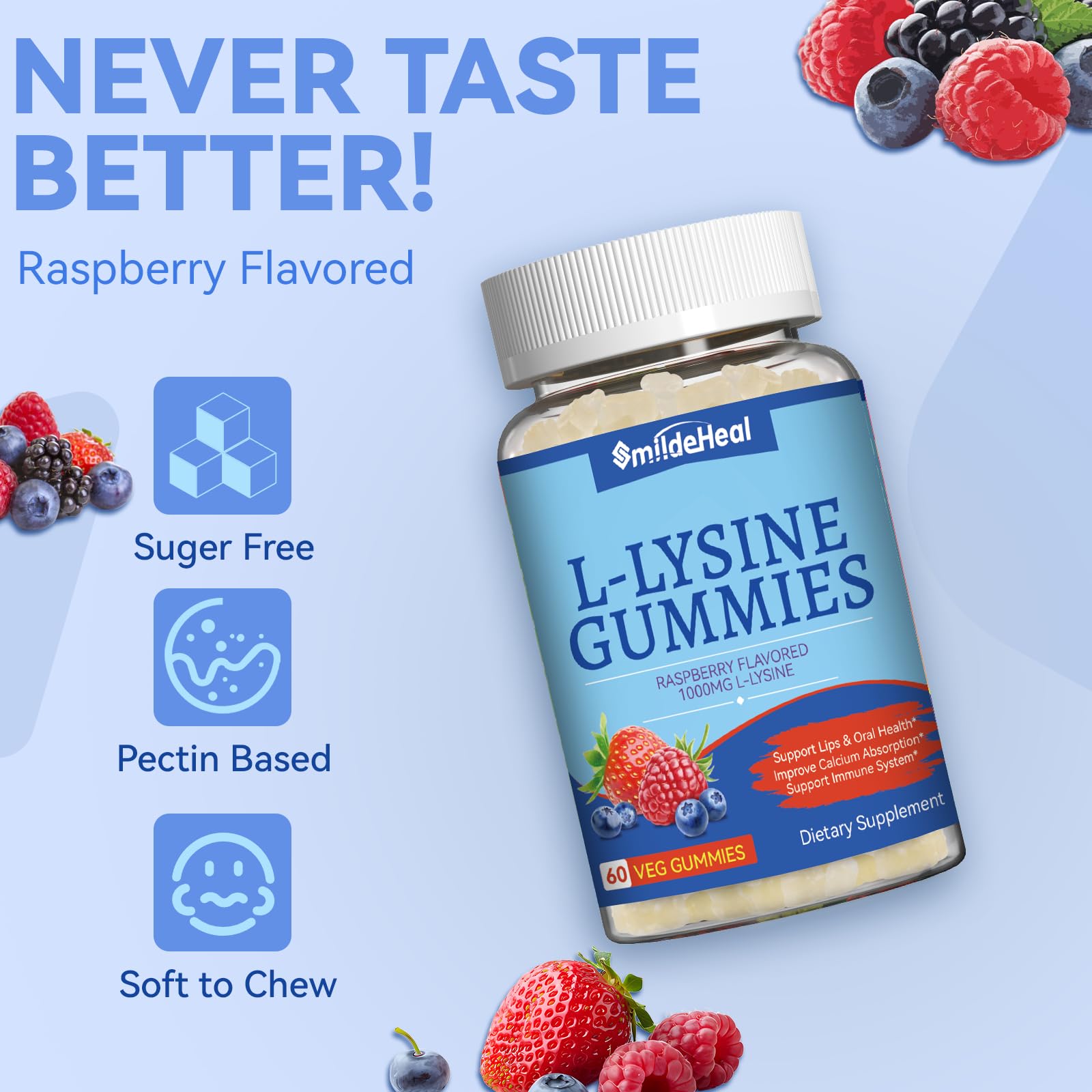 L-Lysine 1000mg Gummies for Adults - Immune & Collagen Support Supplement | Non-GMO, Vegan, Gluten Free Chewable Vitamins (60 Count) | Cold Sore Prevention & Skin Health Boost