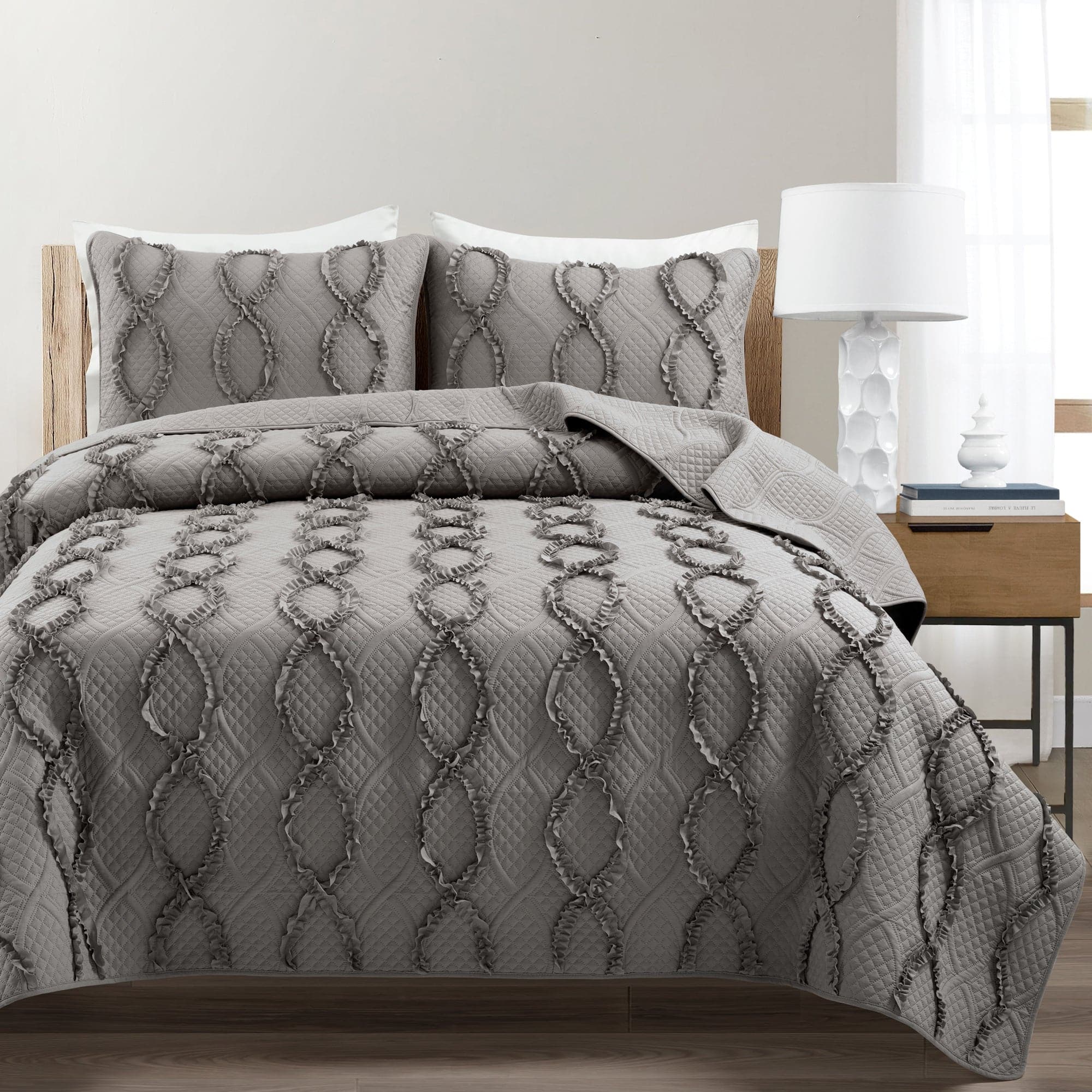 Avon Textured Ruffle Quilt 3-Piece Bedding Set - Soft & Stylish Comforter, Pillow Shams & Bed Skirt for Cozy Bedroom Decor