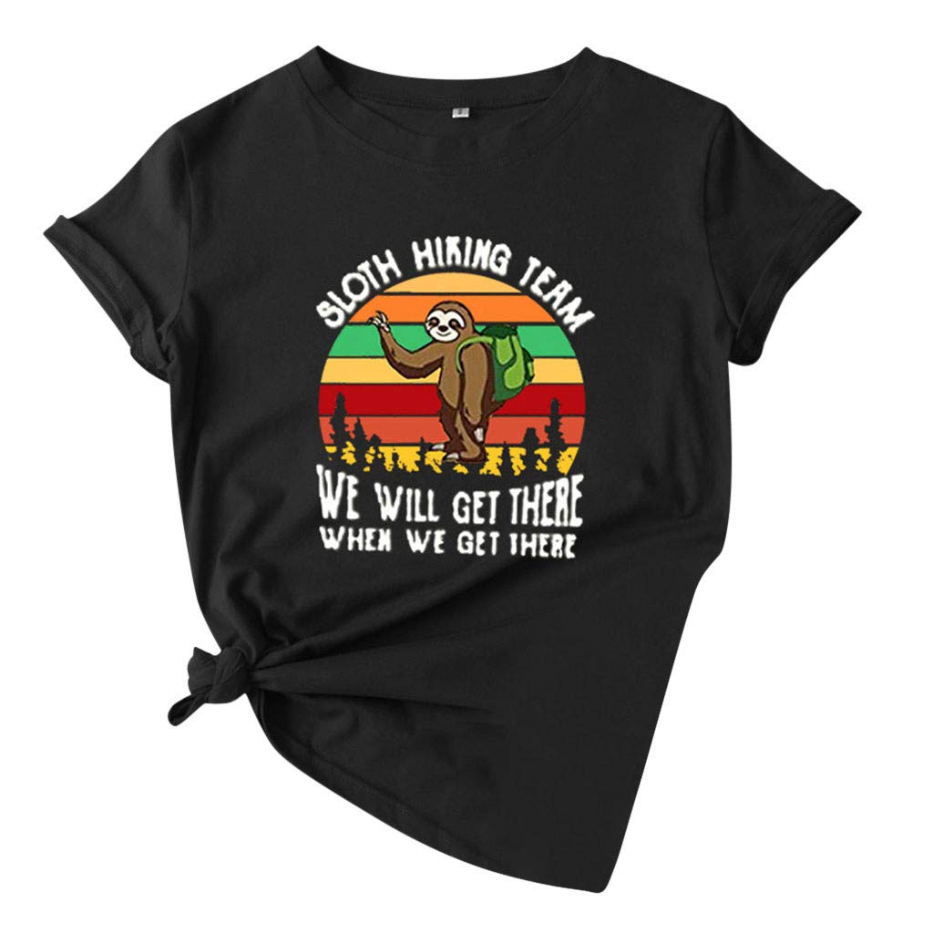 Funny Sloth Hiking Team Graphic T-Shirt for Women - Cute Short Sleeve Summer Top - Perfect for Casual Wear, Outdoor Adventures & Gifts