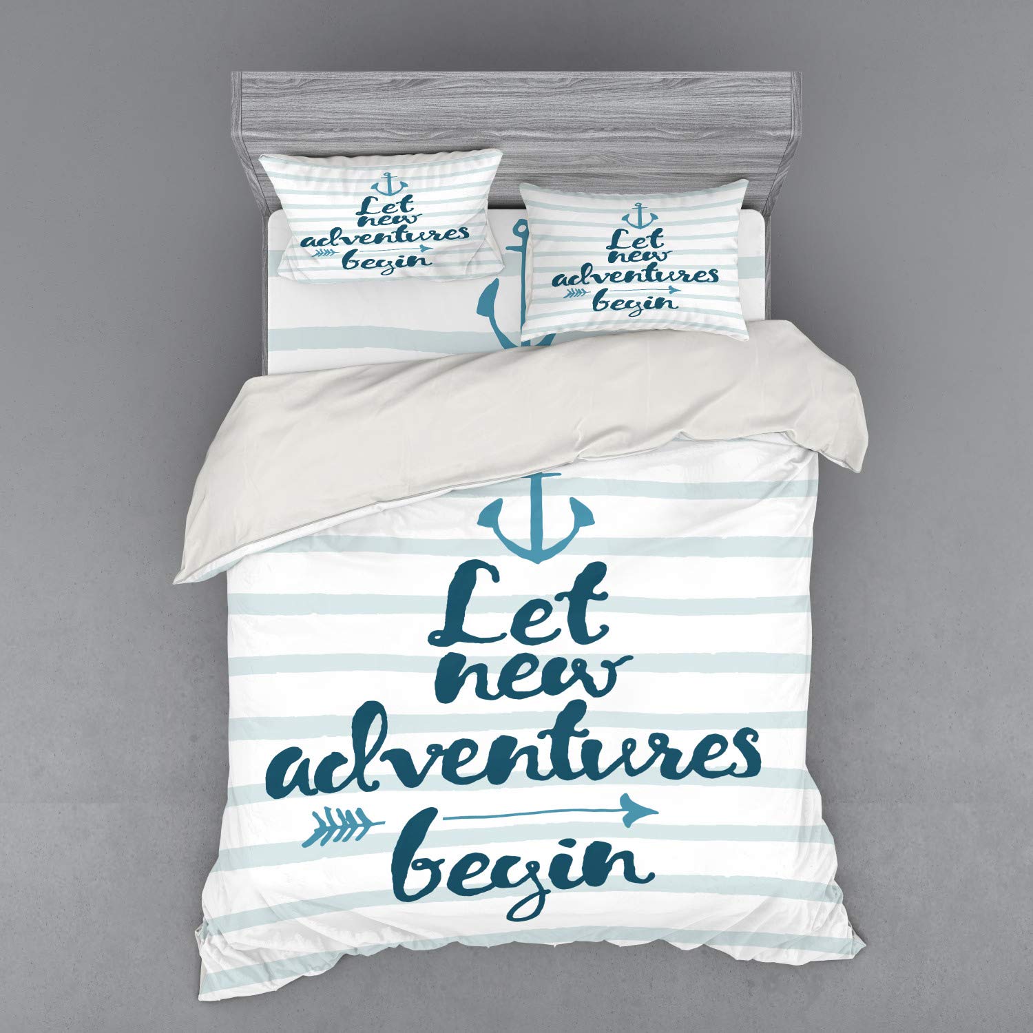 Ambesonne Nautical Stripes Anchor & Arrow Adventure Bedding Set - 4 Piece Duvet Cover with Shams & Fitted Sheet, Queen Size, Night Blue & Pale Blue - Perfect for Cruise, Beach House & Coastal Themed Bedrooms