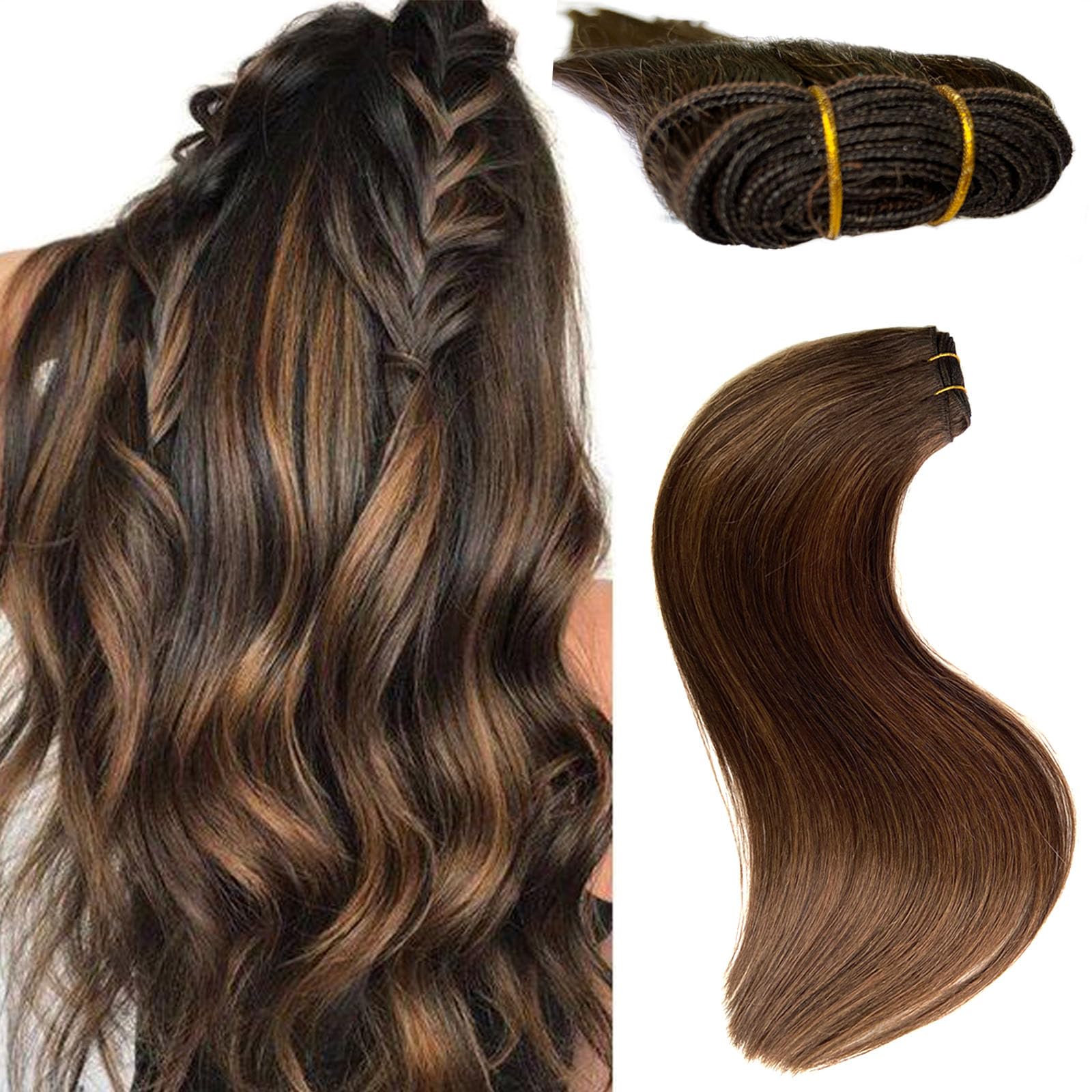 20 Inch 100G Real Human Hair Extensions - Dark Brown Balayage Light Brown Hand-Tied Weft Bundles for Sew-In | Natural Looking Hair Extensions for Women | Perfect for Daily Styling, Special Occasions & Volume Boost