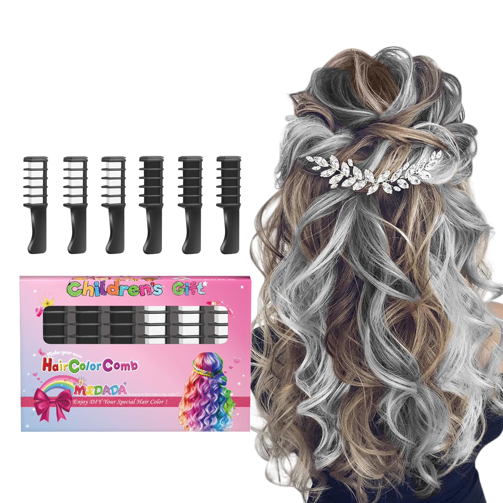 MSDADA Temporary Hair Chalk Comb - Washable Hair Color Dye for Kids & Girls (Ages 4-10) - Safe for Light Hair - Black & White - Perfect for Birthday Parties, Cosplay, Halloween, Christmas & New Year Celebrations