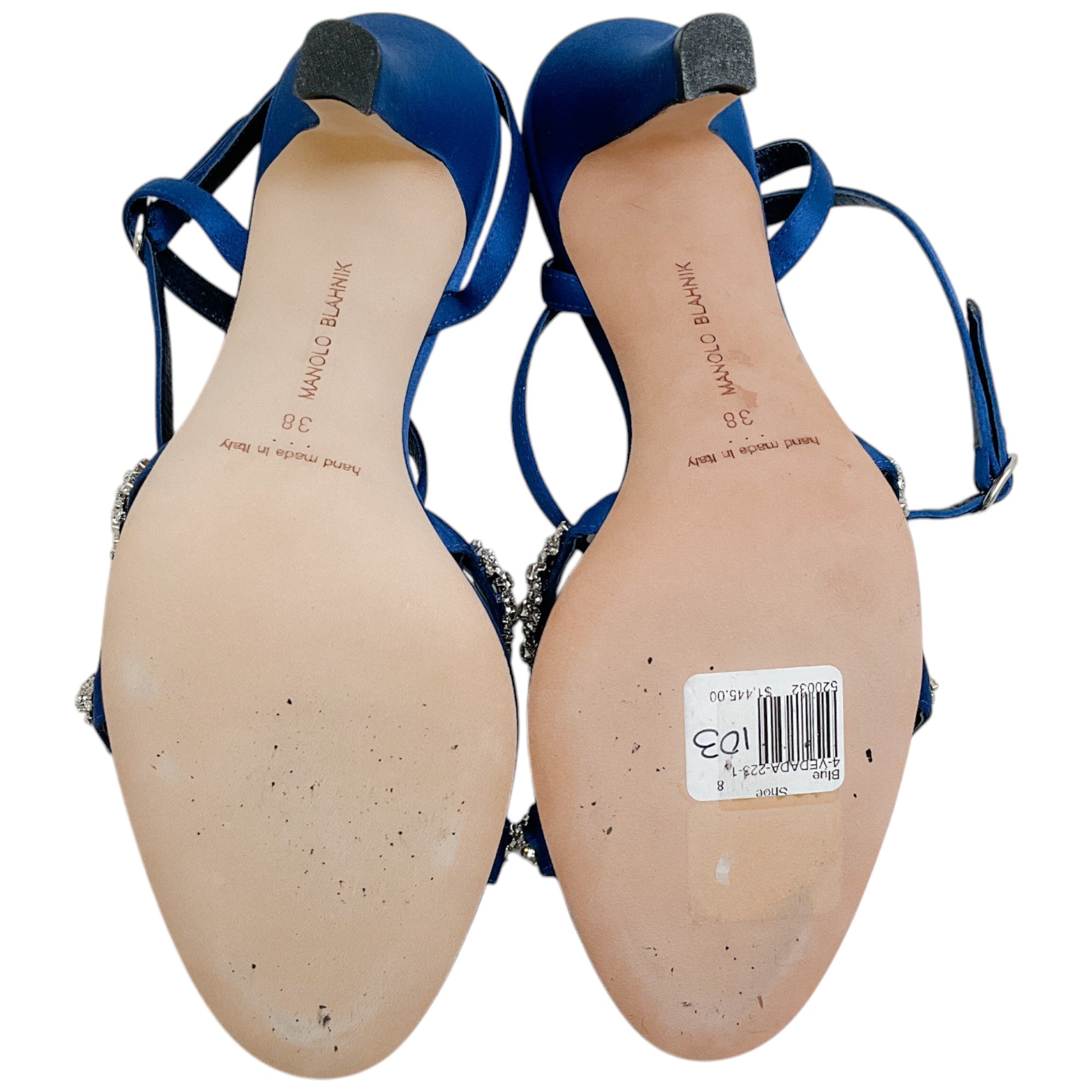 Manolo Blahnik Vedada Blue Satin Sandals with Crystal Embellishments - Perfect for Weddings, Parties & Special Occasions