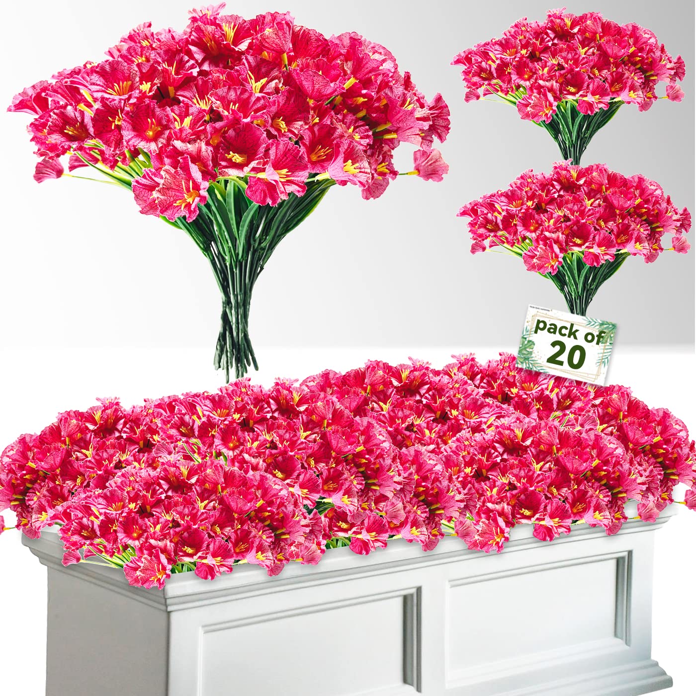UV Resistant Artificial Fall Flowers for Outdoors - 20 Bundles Faux Silk Autumn Decor, Fake Plants for Window Boxes & Outdoor Planters (Fuchsia) - Perfect for Porch Decor, Seasonal Displays & Fall Home Decorating