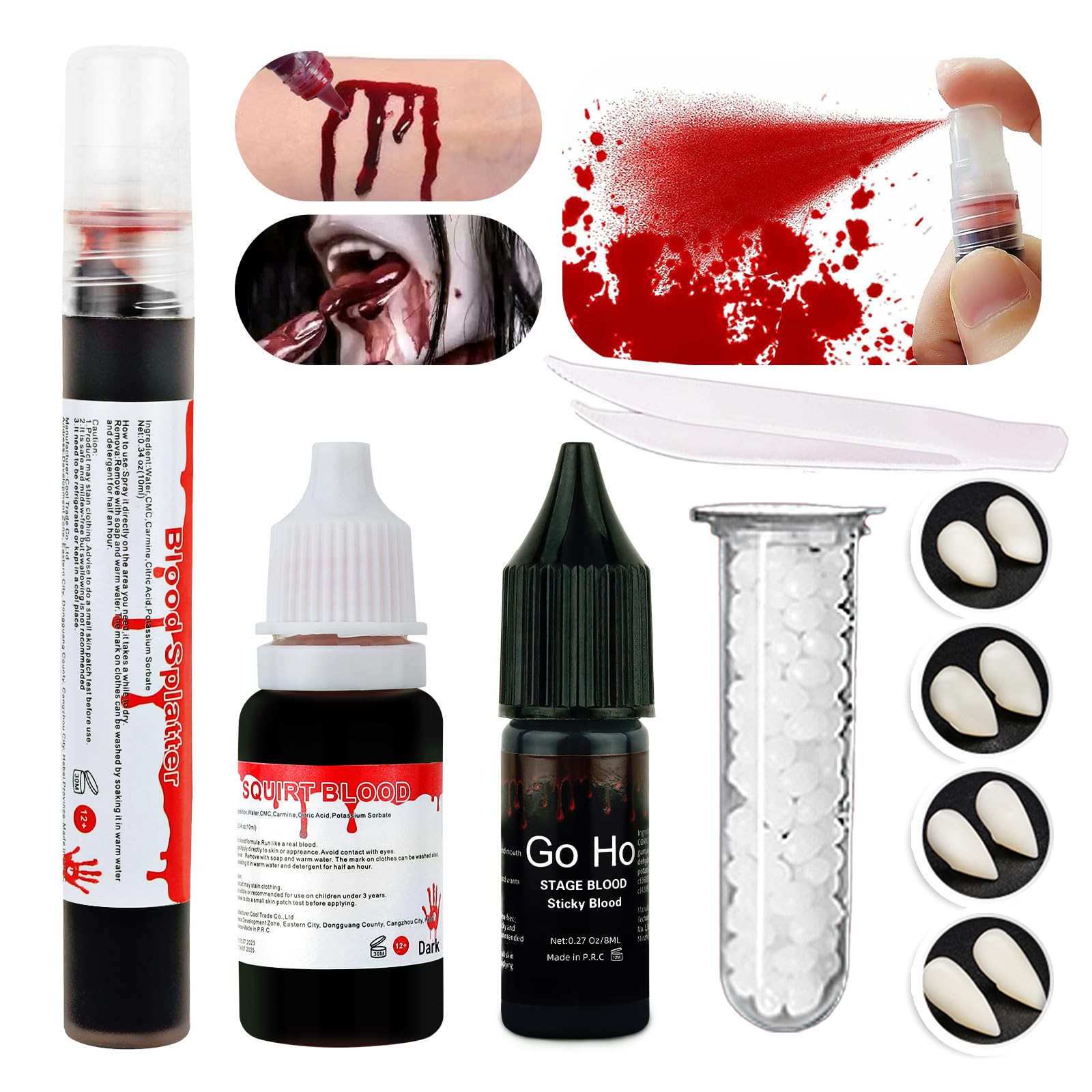 Halloween Vampire Fangs Teeth Makeup Kit - 4 Pairs Adjustable Fake Teeth with Fake Blood Spray, Sticky Blood & Dripping Blood for SFX Cosplay, Costume Parties & Horror Movie Effects