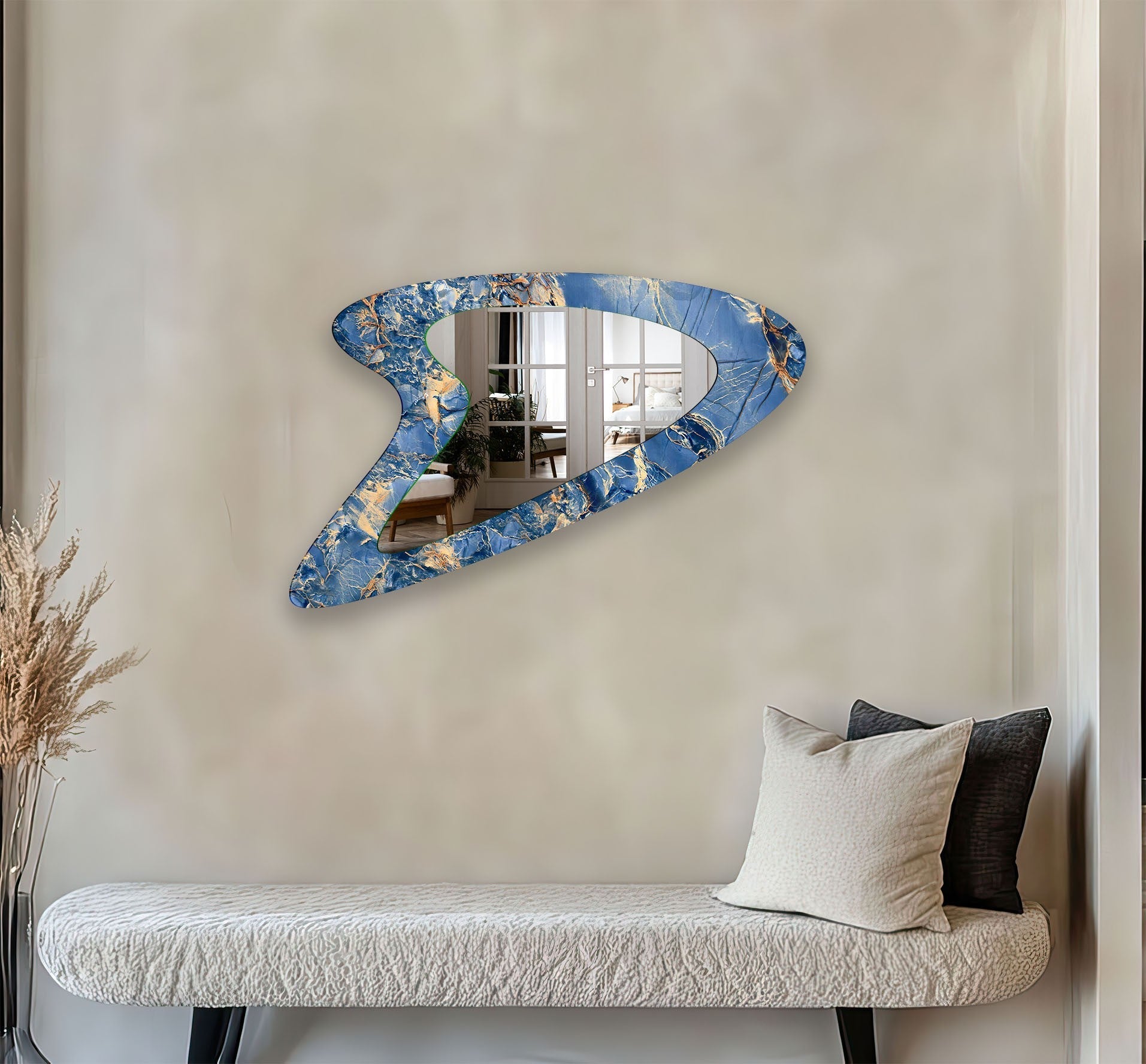 Abstract Blue and Gold Wall Mirror - Modern Decorative Mirror for Living Room, Bedroom, or Entryway - Perfect for Home Decor and Interior Design