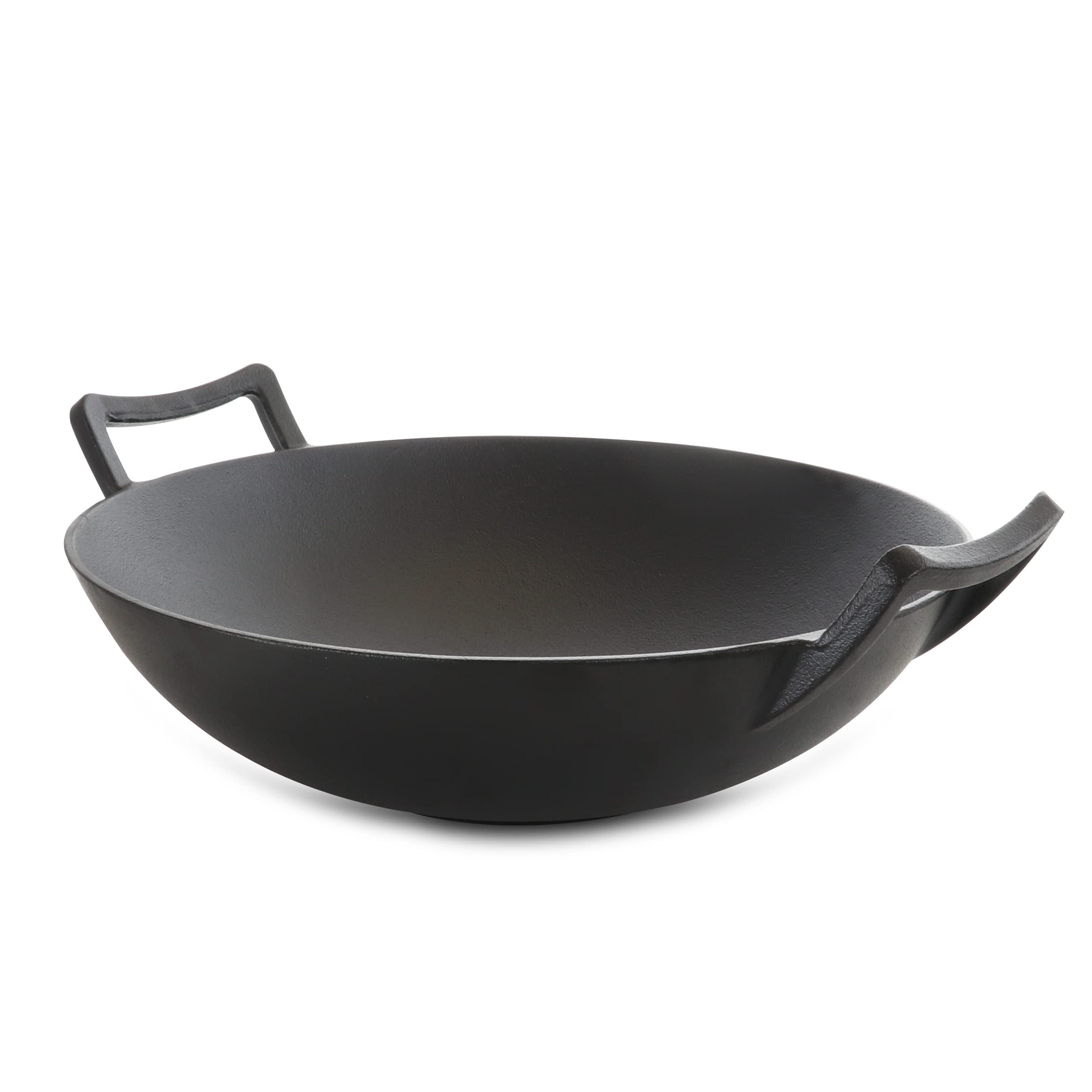 Megachef 14 Inch Pre-Seasoned Cast Iron Wok with Lid - Professional Carbon Steel Stir Fry Pan for Asian Cooking, High Heat Retention - Perfect for Stir-Frying, Deep Frying & Sautéing at Home