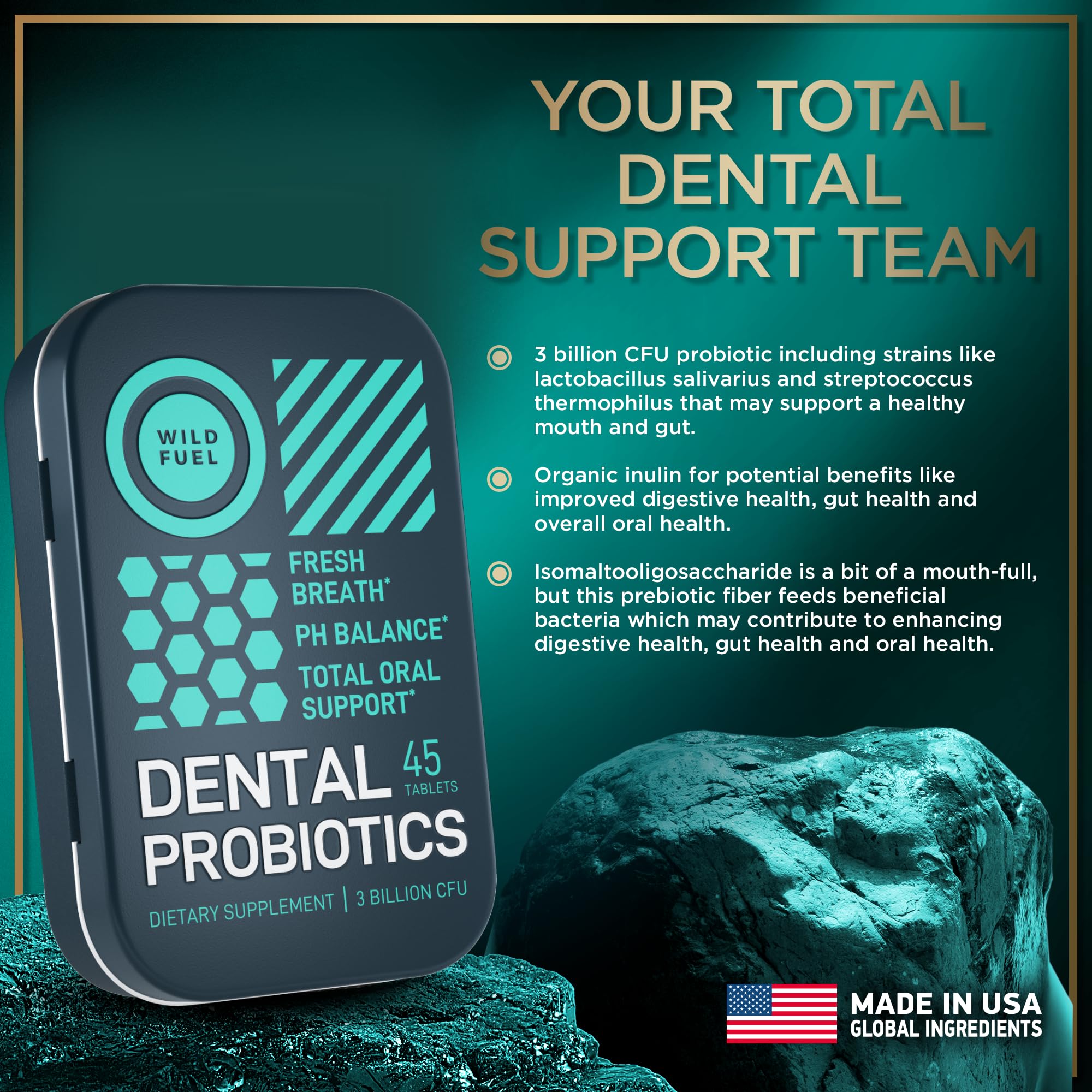 Dental Probiotics for Teeth & Gums - 3 Billion CFU Lactobacillus Salivarius Acidophilus Oral Supplement | Bad Breath Treatment for Adults | 45 Mint Tablets in Travel Tin for Fresh Breath & Oral Health | Perfect for Travel, Work & Daily Use