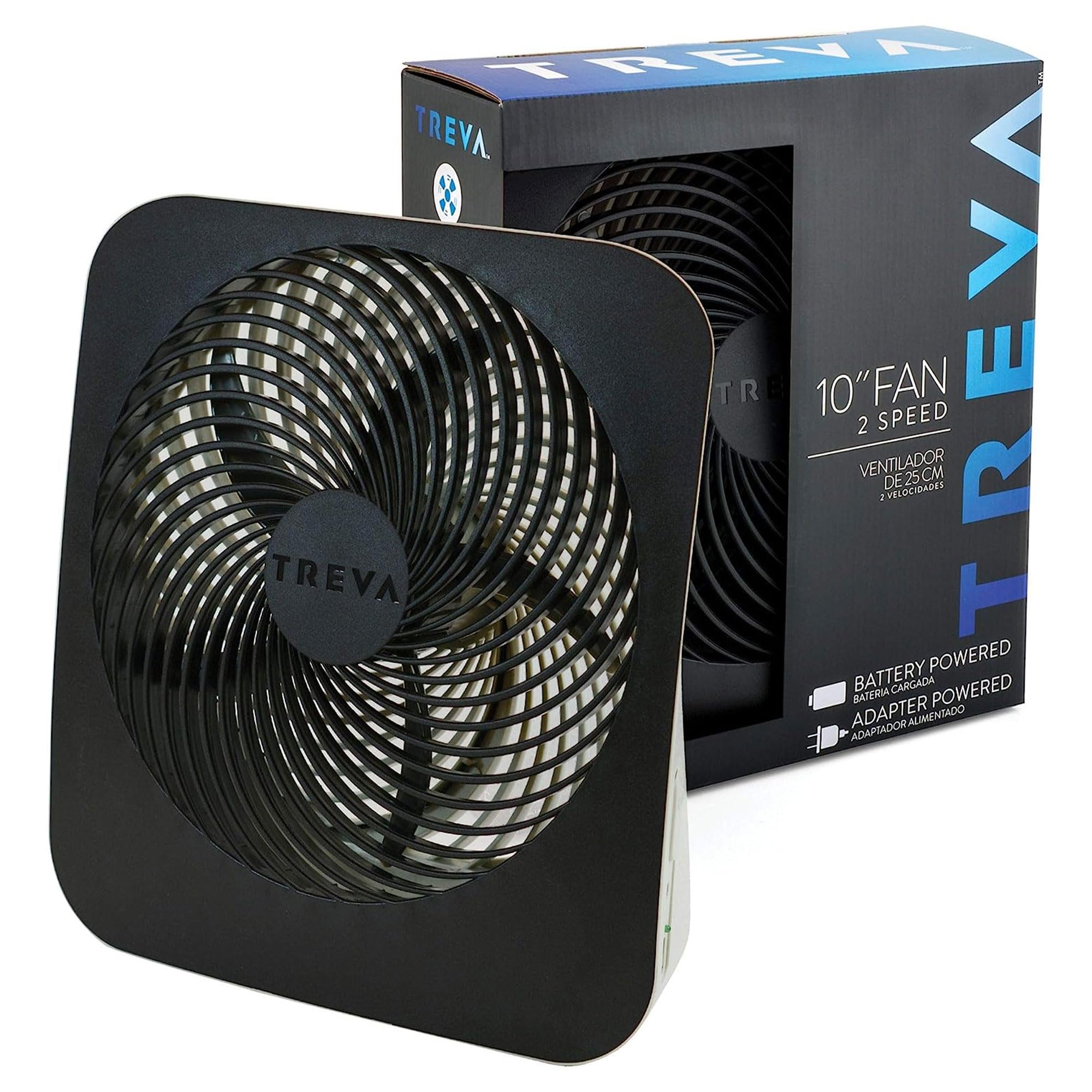 Treva 10-Inch Portable Desk Fan - Battery & AC Powered with 2 Speed Settings, Quiet Air Circulator for Home Office, Bedroom, Travel & Outdoor Use (Black)