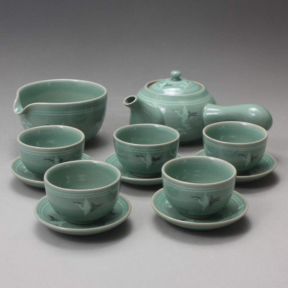 Korean Style Celadon Porcelain Tea Set - Crane & Cloud Design 11.8oz (350ml) Ceramic Teapot with Side Handle, Cups, Saucers & Cooling Pitcher - Complete Tea Ceremony Gift Set for Home, Office & Traditional Tea Parties