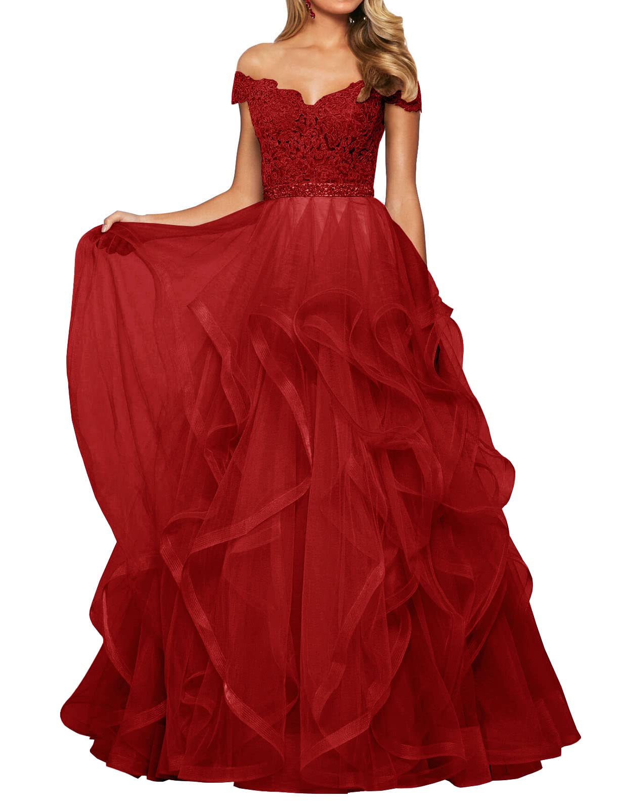 Elegant Long Prom Dresses with Tulle Ruffles & Beads - Formal Ball Gowns for Wedding Guests & Cocktail Parties | Perfect for Homecoming, Quinceañera & Special Occasions