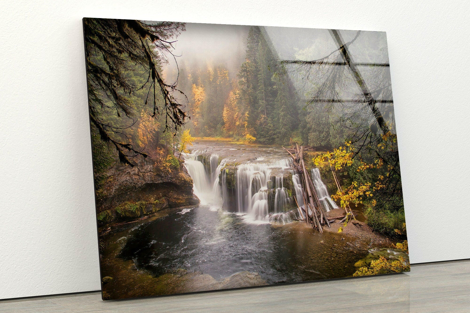 Autumn Waterfall Serenity Nature Wall Art - Stunning Landscape Glass Print for Home & Office Decor - Perfect for Living Room, Bedroom or Meditation Space