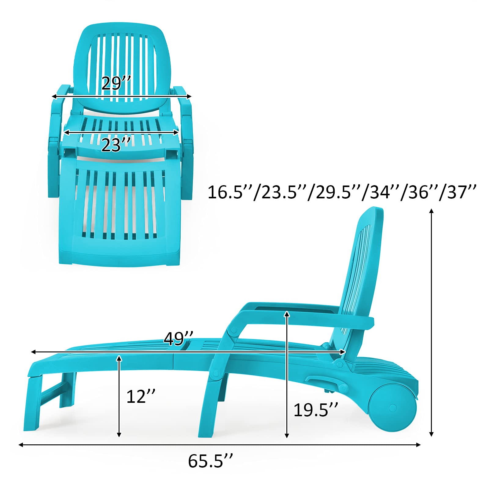 Giantex Adjustable Chaise Lounge Chair - 6-Position Recliner with Wheels, Foldable Outdoor Sun Lounger for Patio, Poolside & Garden - Turquoise - Perfect for Relaxing by the Pool, Sunbathing or Backyard Lounging