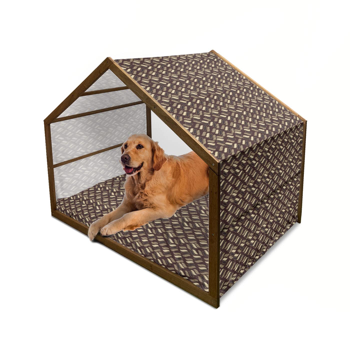 Ambesonne Brown Wooden Dog House - African Style Cheetah Print Camouflage Design Indoor/Outdoor Portable Pet Kennel with Pillow & Cover, 2X-Large, Redwood Brown - Perfect for Backyard, Patio or Indoor Pet Shelter