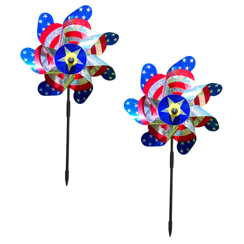 2 Pack Patriotic American Pinwheels - Red White & Blue Stars & Stripes Small Plastic US Flags, 4th of July Decorations for Kids Party, Garden Wind Spinners for Patio & Yard - Perfect for Independence Day Celebrations & Outdoor Decor