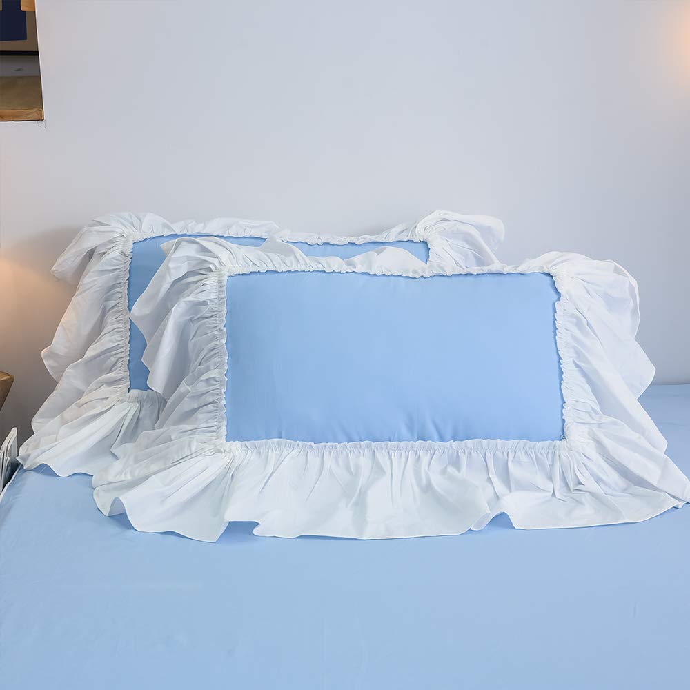 Premium 100% Cotton 600 TC Smart Sheet with Side Pocket & Duvet Cover Set - 4 Piece Light Blue Ruffled Bedding Set for Queen Size Bed | Romantic Princess Style | Perfect for Guest Rooms, Master Bedrooms & Cozy Home Decor
