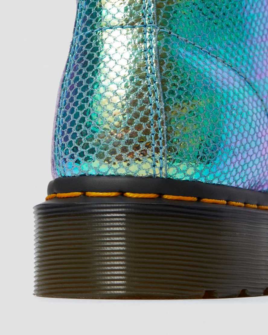 Dr. Martens 1460 Pascal Blue Iridescent Leather Ankle Boots for Women - Shiny Waterproof Combat Boots for Punk, Gothic & Street Fashion