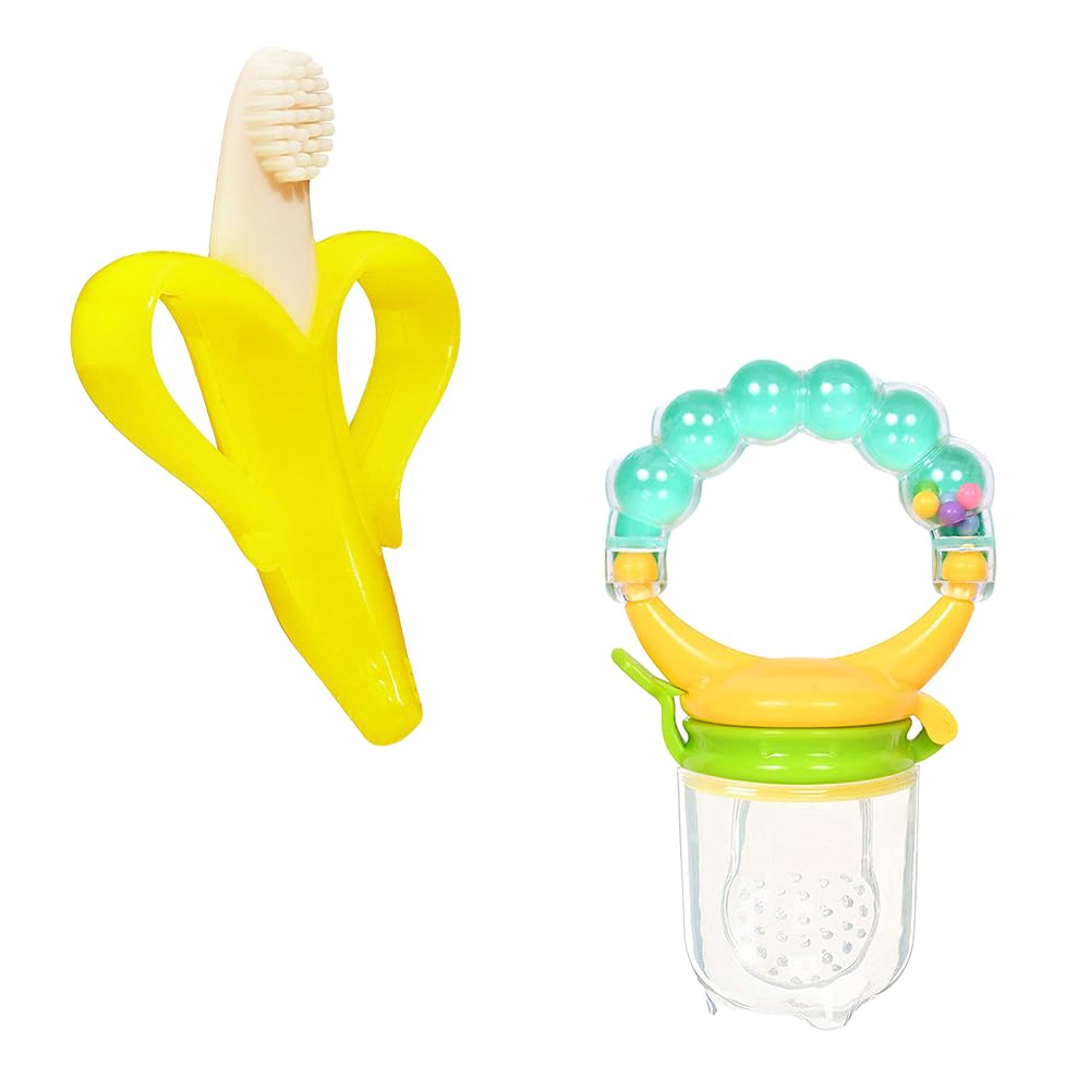 Joy Buzz Banana-Shaped Baby Teething Brush & Rattle Set - Soft Silicone Teether for Infants | BPA-Free, Non-Toxic & Easy to Clean | Perfect for Soothing Sore Gums & Early Oral Care (Yellow & Green) | Ideal for Home, Travel & Daycare Use