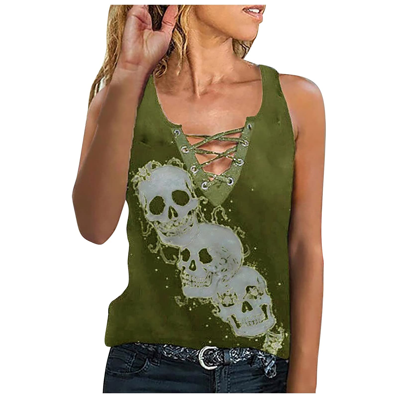 Eaktool Women's Sleeveless Tops - Sexy Skull Print Lace-Up V-Neck Casual Shirt for Women | Perfect for Summer Outfits, Parties & Streetwear Fashion