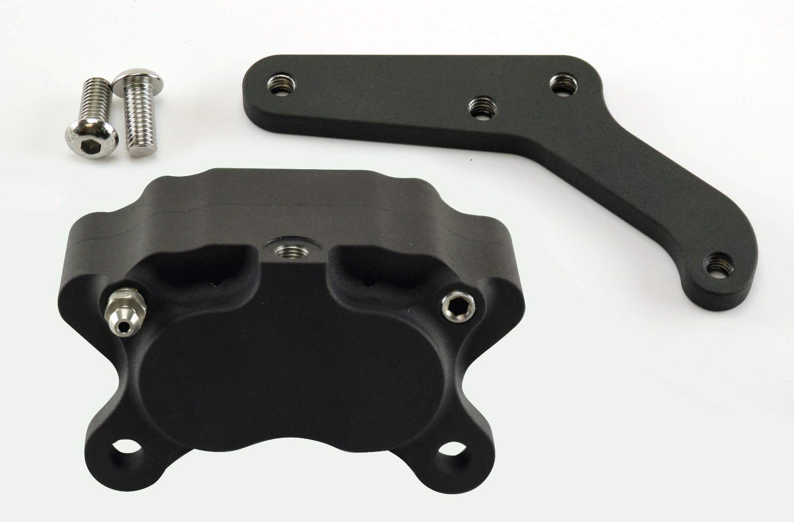 Black Ultima FRONT Brake Caliper Mount for 1984-1999 Harley Davidson Models (Except FXSTS) - Chrome 4-Piston Caliper Included - Compatible with Harley Chopper, Bobber & Cafe Racer Motorcycles - Perfect for Custom Bike Builds and Performance Upgrades