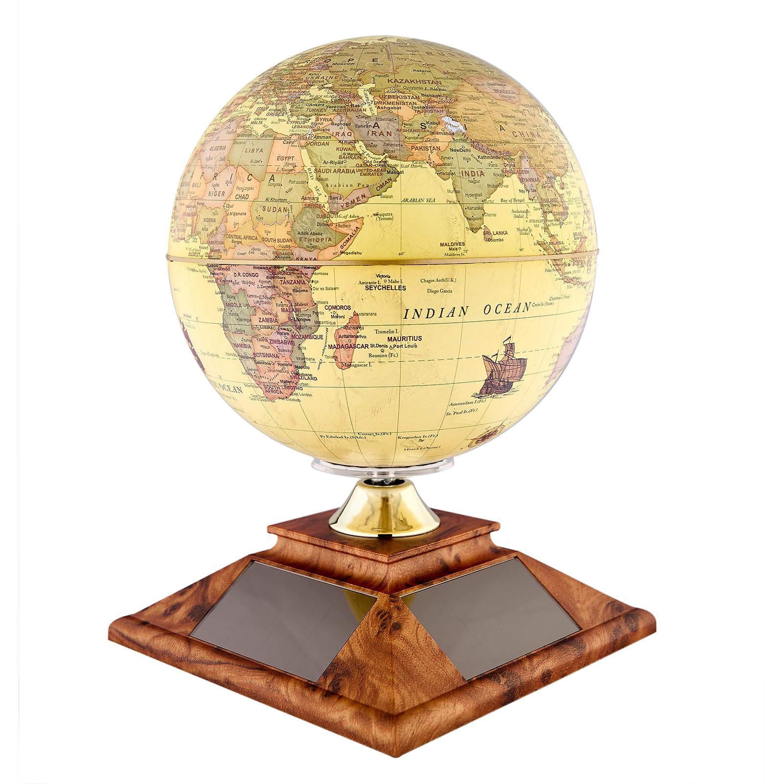 5.5 Inch Solar Powered Rotating World Globe - Educational Geographic Desktop Decor with Stand | No Batteries or Wires Needed | Perfect for Home Office, Classroom & Gift Giving (Beige)