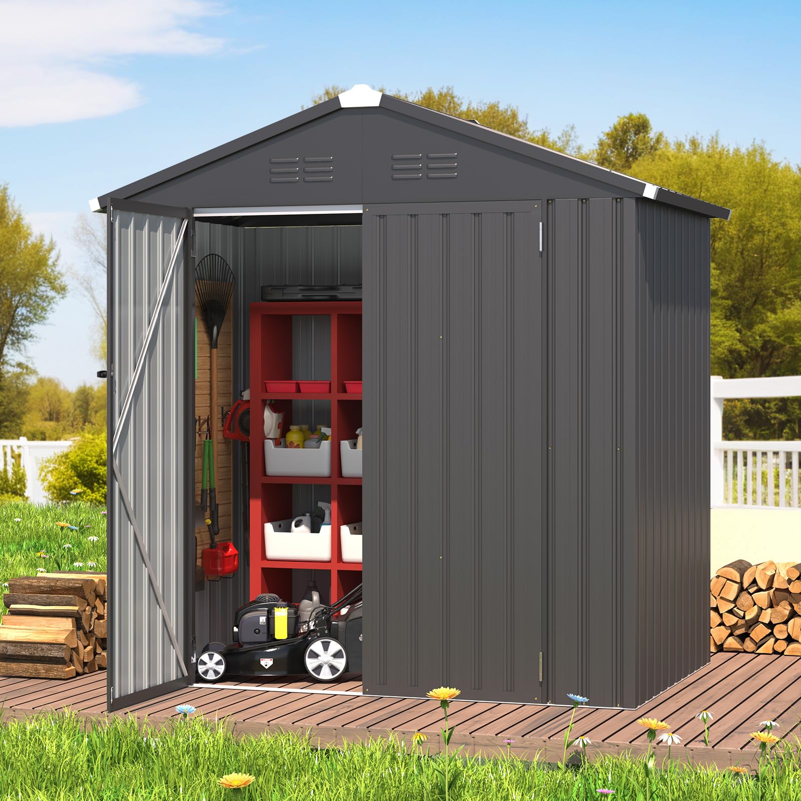 AECOJOY 6' x 4' Dark Grey Metal Storage Shed - Outdoor Utility & Garden Shed with Lockable Doors for Backyard, Patio, Lawn Equipment & Tool Organization | Weatherproof & Durable for Year-Round Use