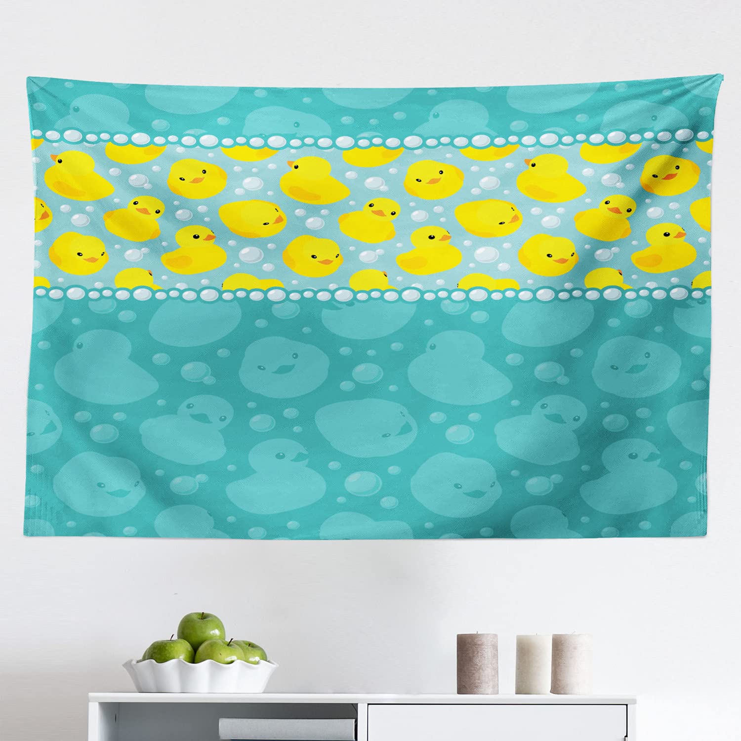 Ambesonne Rubber Duck Tapestry - Cute Cartoon Duckies Swimming in Water with Fun Bubbles, Aqua Blue Teal Fabric Wall Hanging Decor for Bedroom, Living Room, Dorm (45