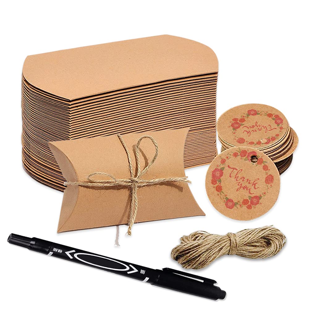 100 Pack Kraft Paper Pillow Gift Boxes with Thank You Tags & Twine for Wedding Party Favors