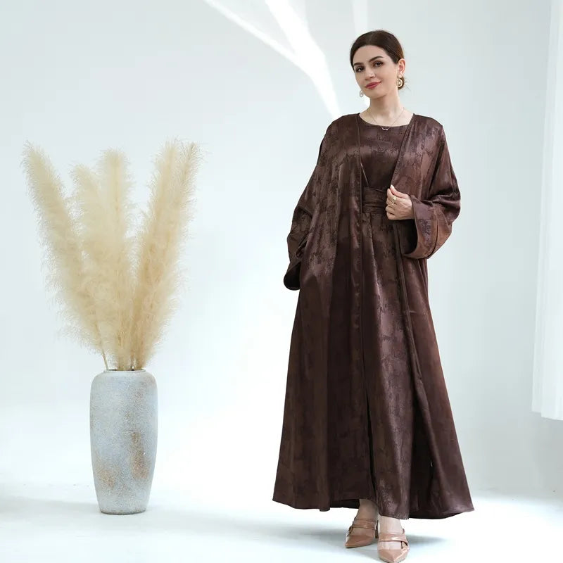 Elegant Jacquard Satin 2-Piece Muslim Women's Open Abaya Dress Set - Perfect for Prayer, Eid, and Special Occasions