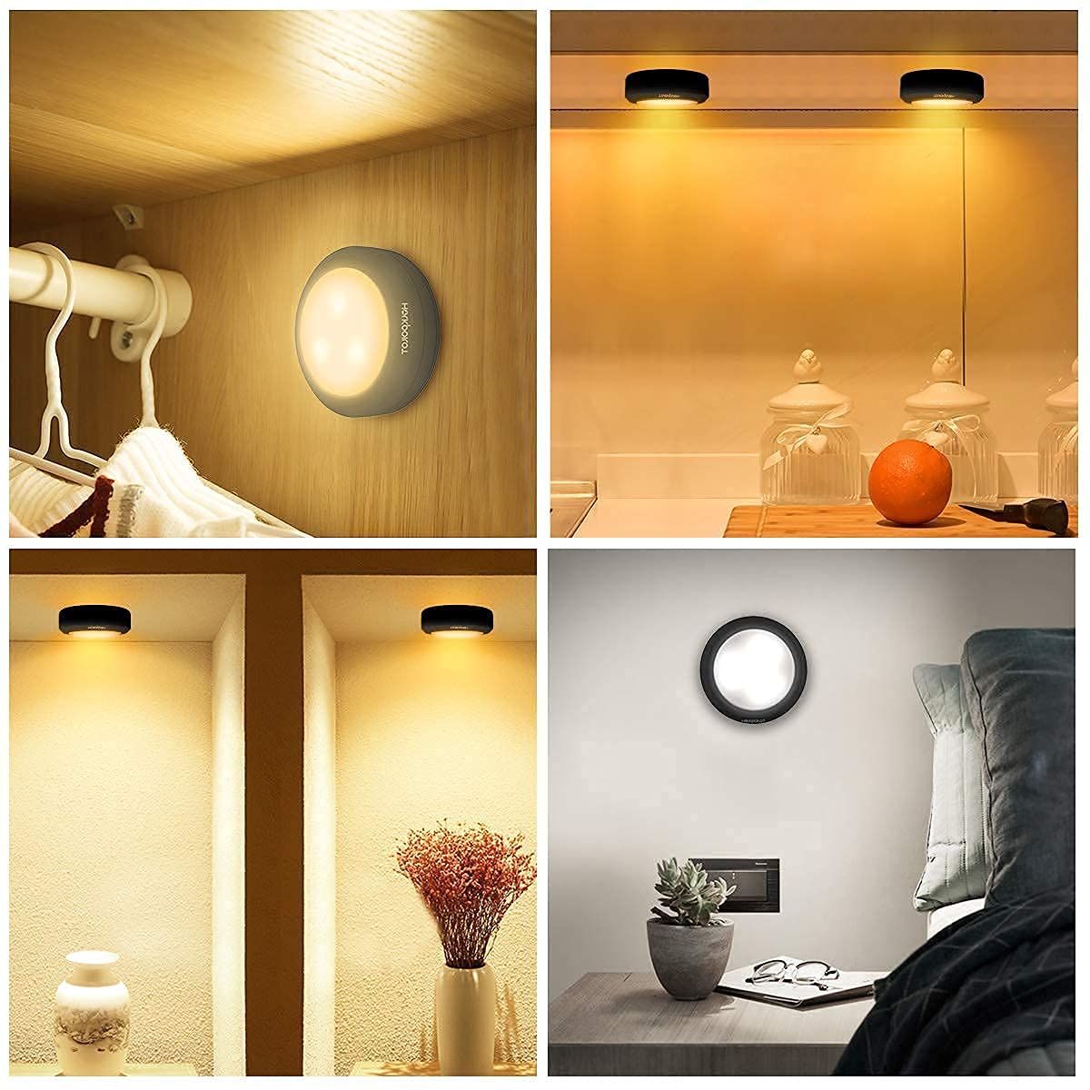 HOLKPOILOT Puck Lights with Remote, 6 Pack LED Under Cabinet Lighting, Battery Operated Push Lights, Stick on Lights for Cupboard, Cabinet, Closet, Shelf - Perfect for Kitchen, Bedroom, Stairs, and Wardrobe