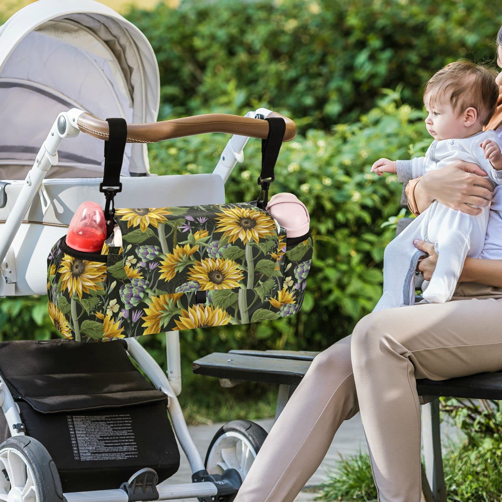 Universal Stroller Organizer with Cup Holder & Detachable Shoulder Strap - Sunflower Artichoke Design Baby Stroller Accessories for Diapers, Phone, Keys & Toys - Fits All Strollers - Perfect for Park Outings, Shopping & Travel