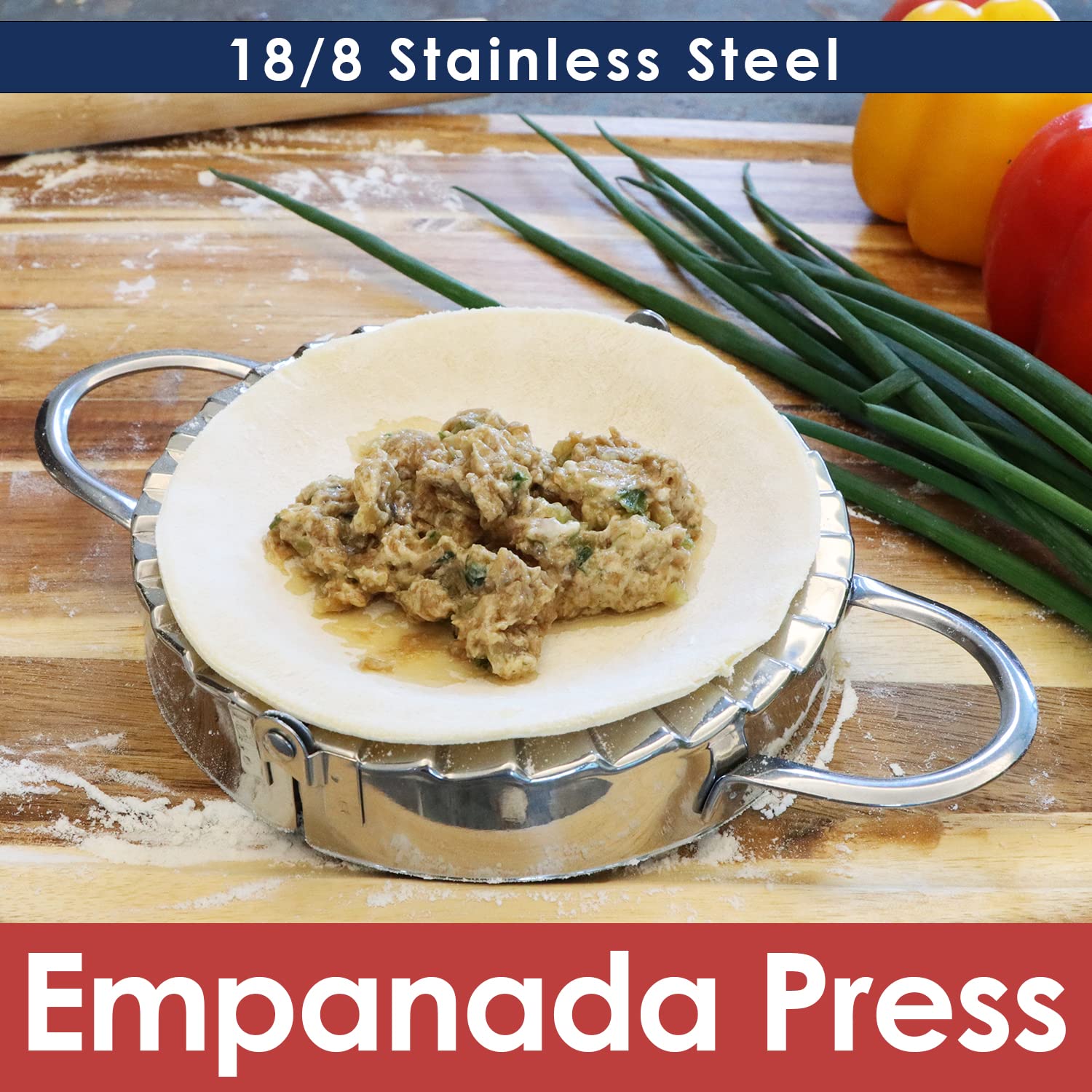 KAYCROWN Stainless Steel Empanada Press - 6 Inch XL Ravioli Mold, Pierogi Dumpling Maker & Pastry Dough Cutter - Professional Kitchen Tool for Homemade Empanadas, Dumplings & Pastries - Perfect for Baking, Cooking & Party Food Prep