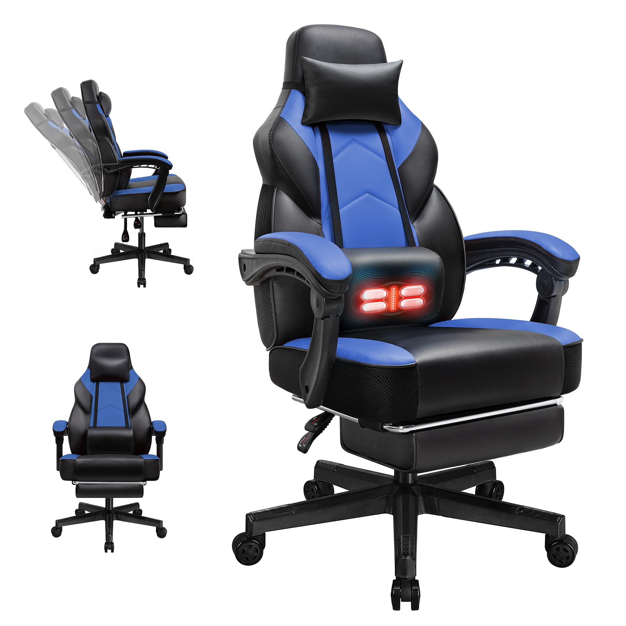 Ergonomic Gaming Chair for Adults - High Back Computer Chair with Footrest, Lumbar Massage & 360° Swivel - Adjustable Height Big & Tall Gamer Chair (Blue) - Perfect for Esports, Streaming & Home Office Setup