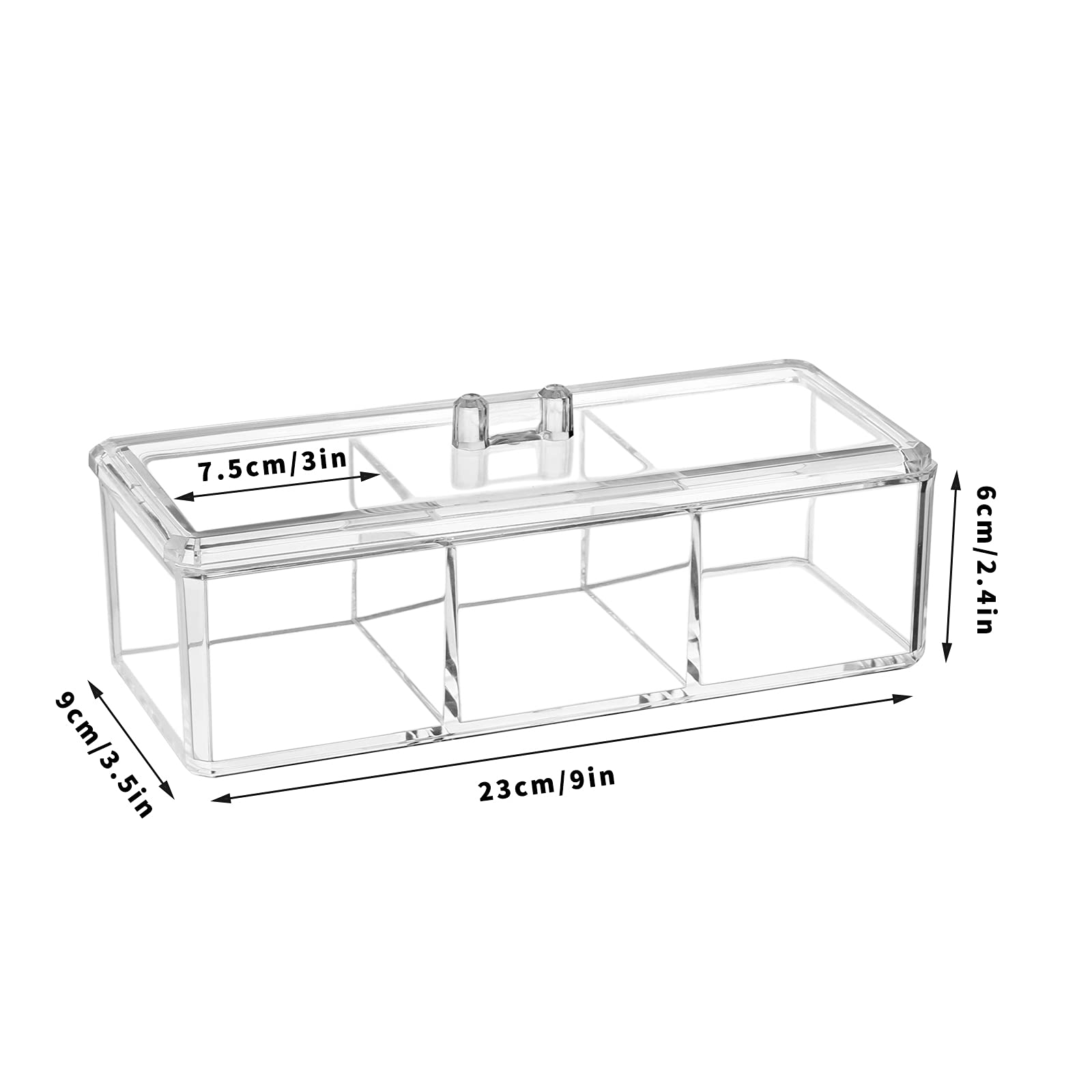 Clear Acrylic Drawer Organizer with Lid - 3 Compartment Makeup Storage Box for Vanity Desk, Bathroom & Jewelry Display - 9.17x3.7x3.46 Inch Small Item Organizer - Perfect for Cosmetics, Office Supplies & Craft Storage