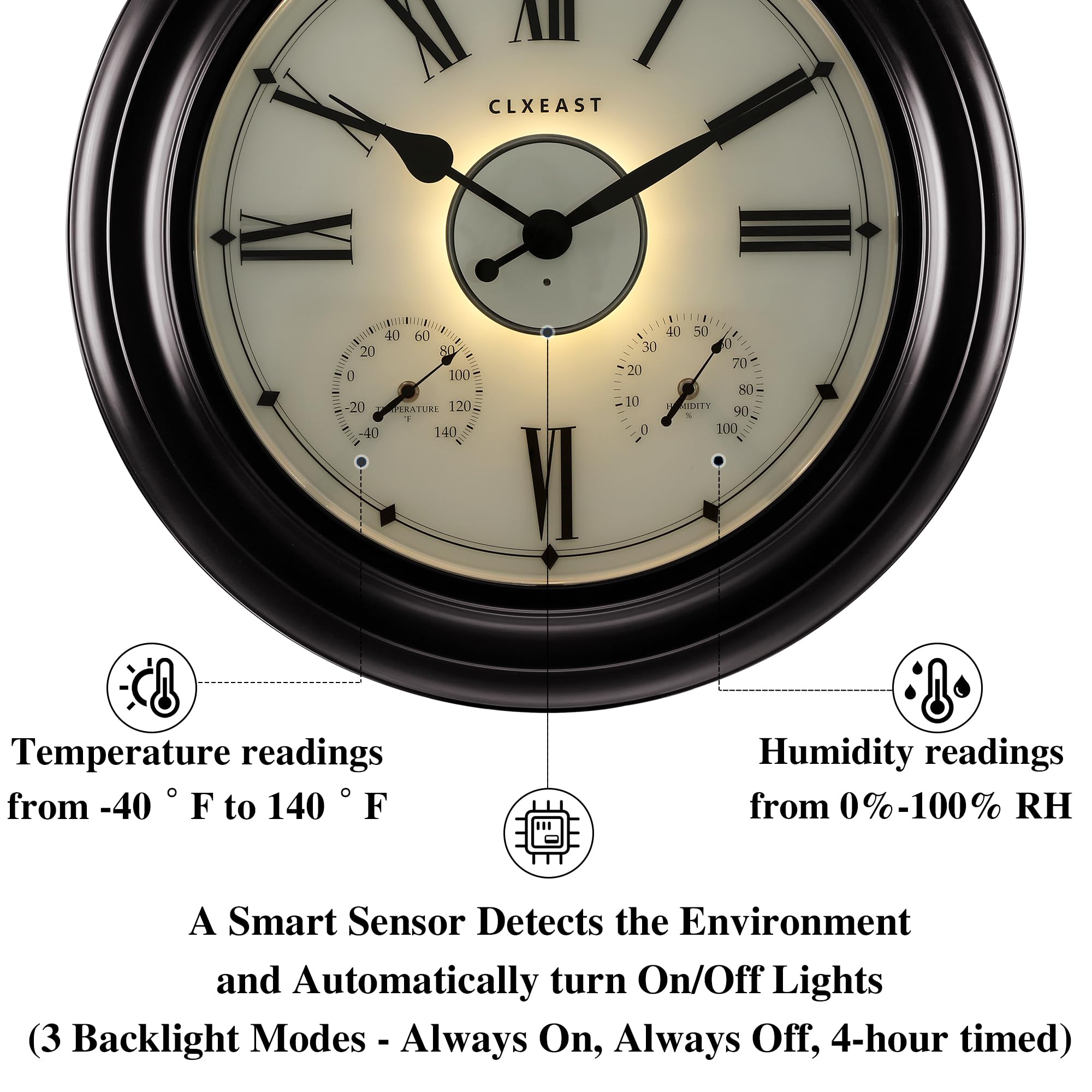 CLXEAST 24 Inch Large Outdoor Wall Clock with Thermometer & Hygrometer - Waterproof Metal Clock for Indoor/Outdoor Use - Oil Rubbed Bronze Black Finish - Perfect for Home, Garden, Office & Easter Decorations Gifts