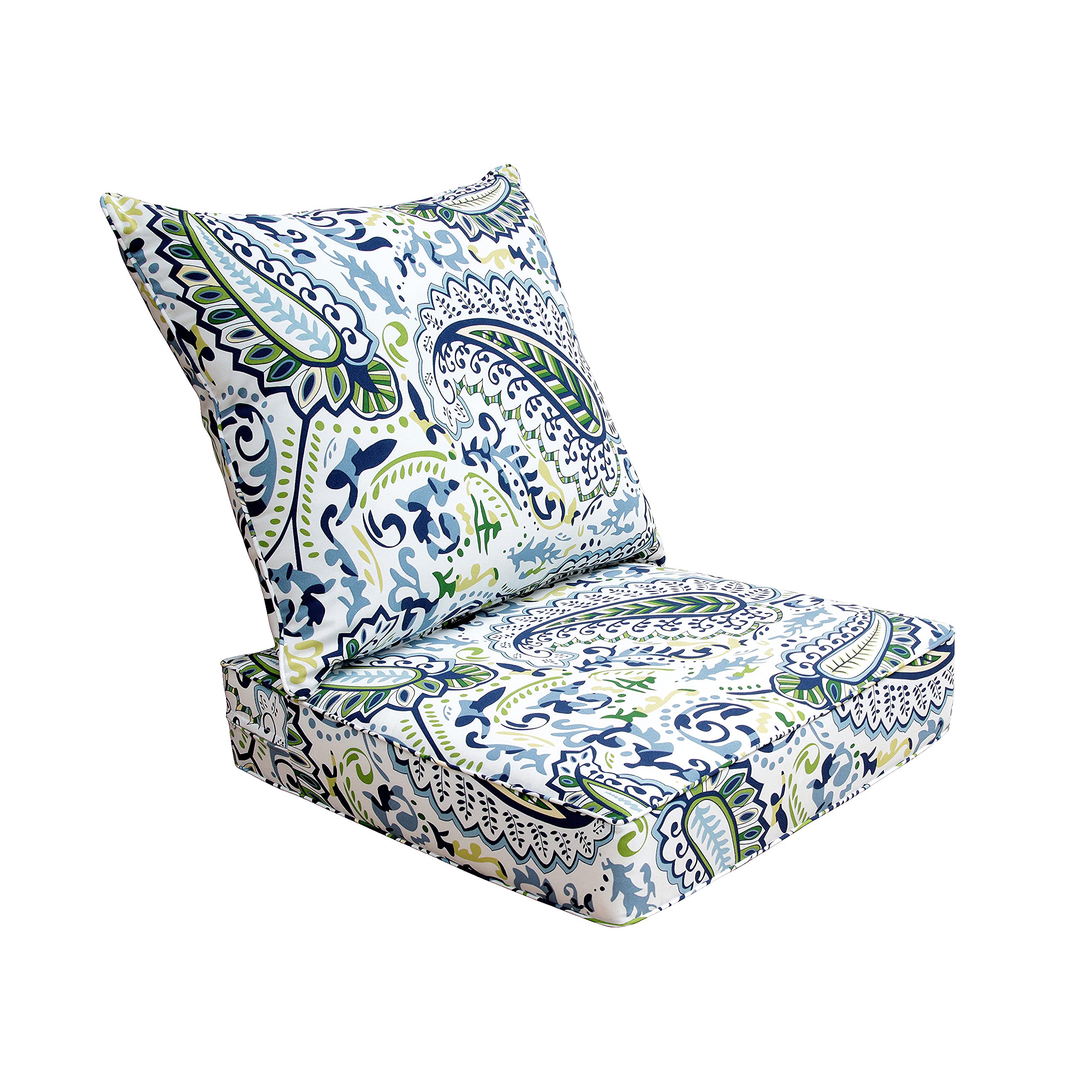 Bossima Deep Seat Chair Cushion Set - Indoor/Outdoor Waterproof Cushions - Green Blue Paisley Pattern - Spring Summer Replacement Cushions for Patio, Deck, Porch, and Garden Furniture