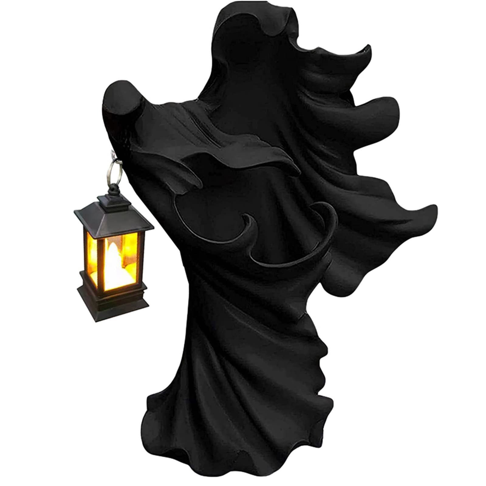 Realistic Resin Ghost Statue with Lantern - Halloween Hell Messenger Sculpture for Garden & Outdoor Decor - Spooky Witch-Themed Yard Decoration for Halloween Party, Haunted House, or Gothic Home Décor (Black, One Size)