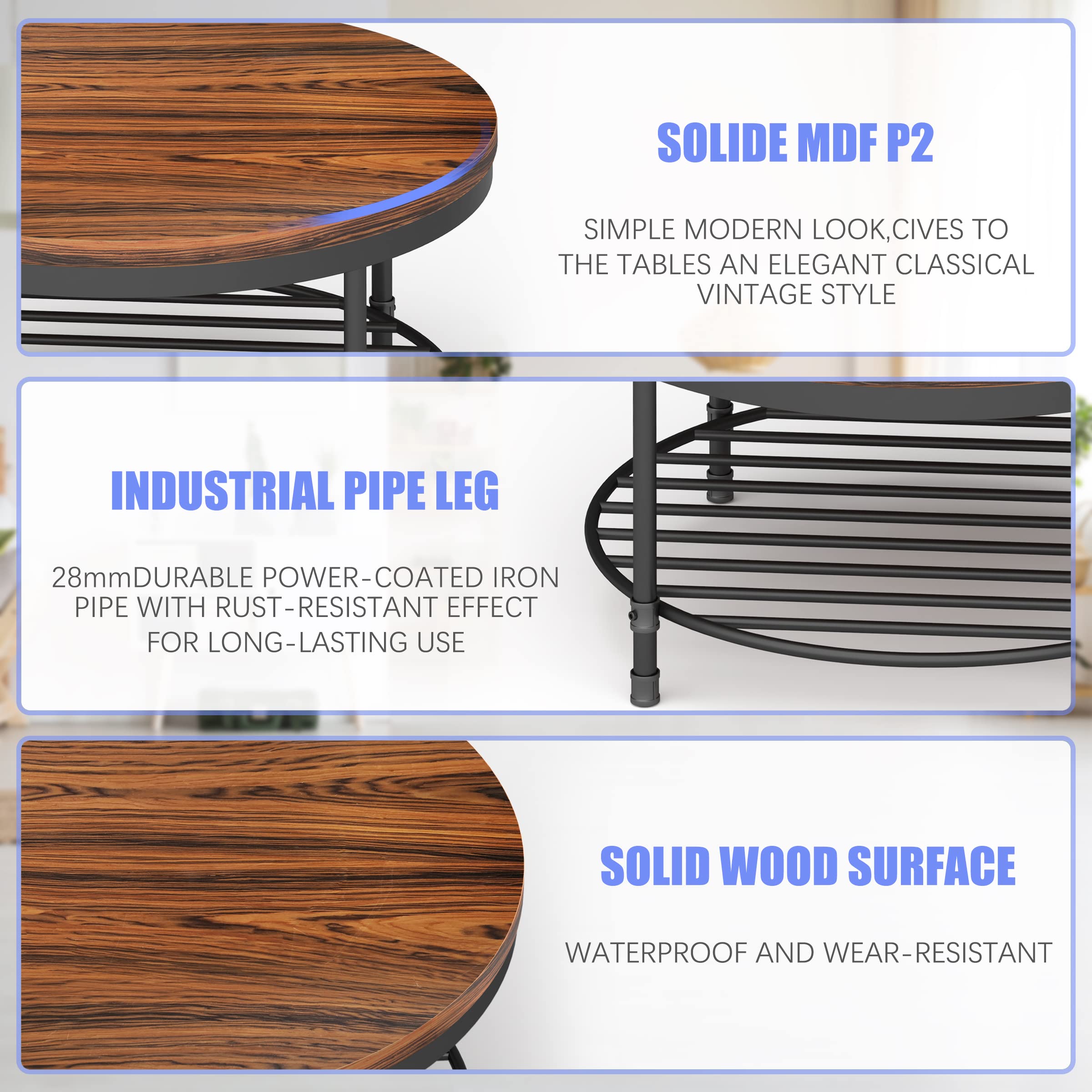 Rustic Round Coffee Table with Wood Top & Metal Legs - Industrial Sofa Table for Living Room, Modern End Table with Storage Shelf - Dark Red Brown - Perfect for Small Spaces, Apartments & Cozy Home Decor