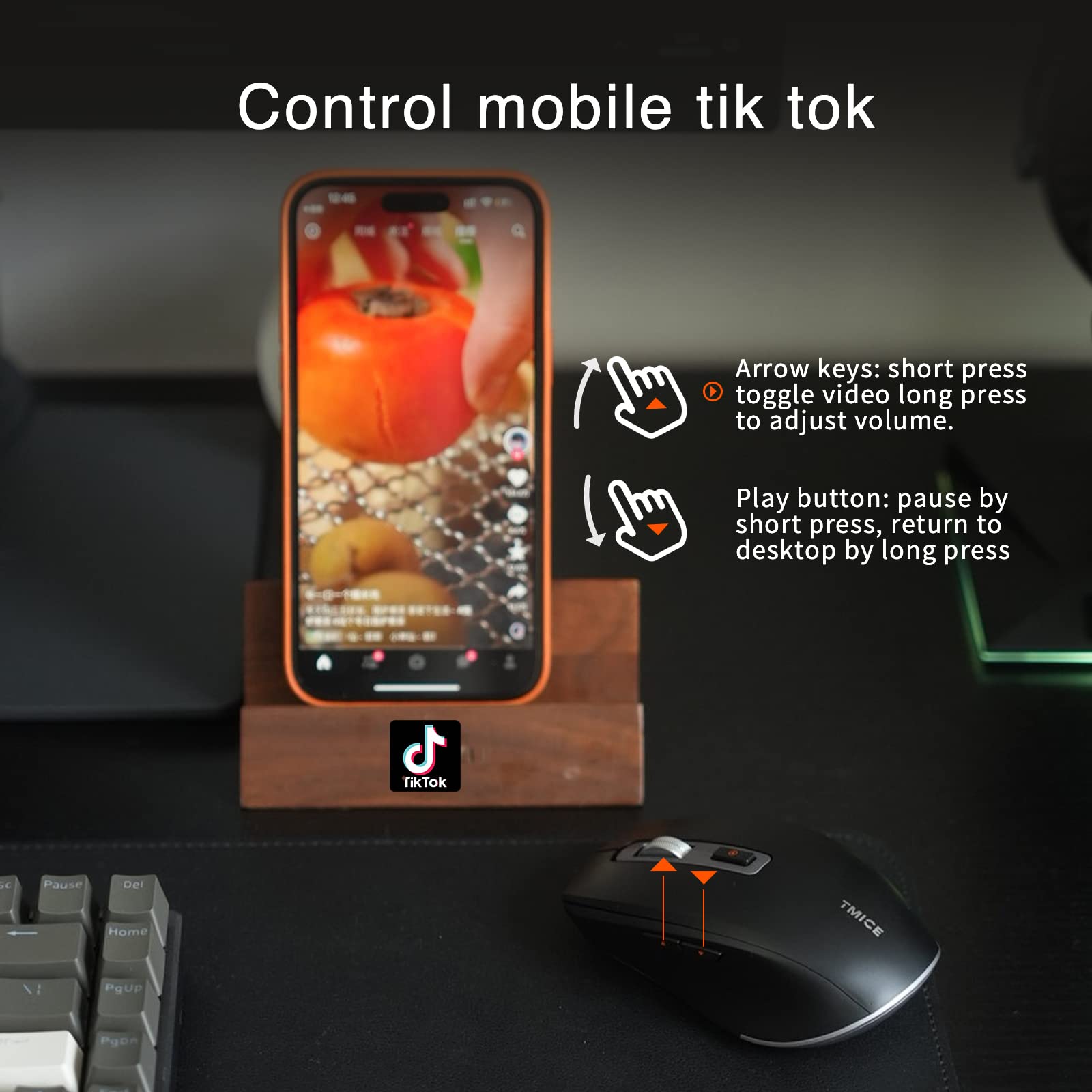 TMICE TKM01A Wireless Bluetooth Mouse & TikTok Controller - Dual Mode (Bluetooth 5.0/2.4GHz) for iPhone, iPad, iOS, Android, Windows - Perfect for Live Streaming, Gaming & Office Work - Black