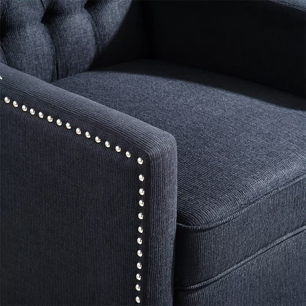 Modern Wingback Pushback Recliner Chair - Linen Upholstered Manual Recliner with Button Tufted Back, Nailhead Trim & Adjustable Backrest/Footrest - Single Sofa for Living Room, Home Theater & Relaxation (Black)