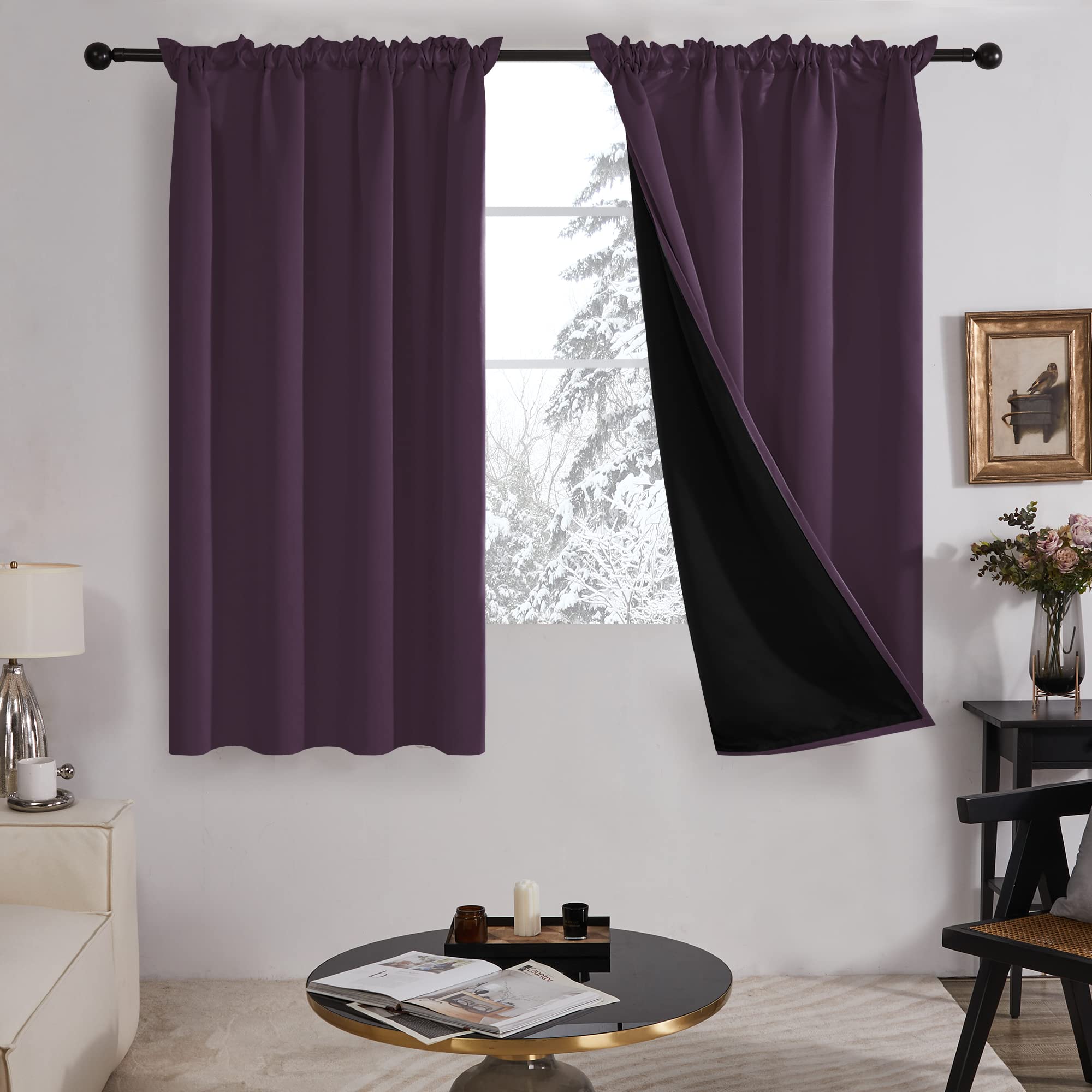 Deconovo 100% Blackout Thermal Curtains - 52W x 54L Inch Dark Purple Drapes with Rod Pocket for Bedroom & Kitchen, Soundproof & Energy Efficient Window Treatments (Royal Purple, 2 Panels) - Perfect for Light Control, Privacy & Noise Reduction in Home & Office Spaces