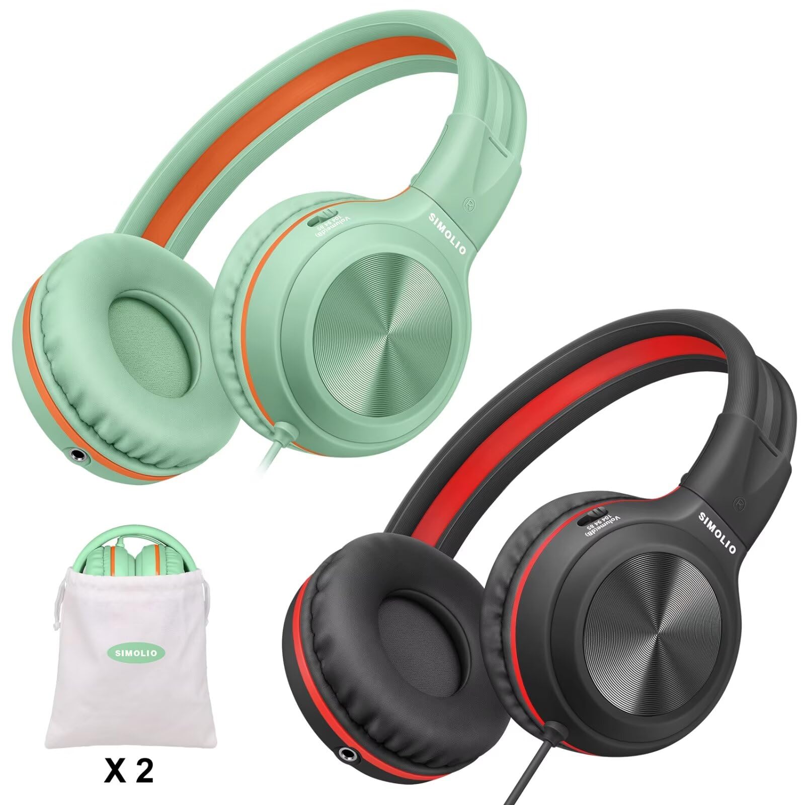 SIMOLIO 2 Pack Wired Headphones with 3.5mm Jack for Laptop, Computer, Cell Phone & Tablet - Noise Cancelling Earphones for Adults & Kids, Ideal for Travel, Online Classes, Gaming & Office Use