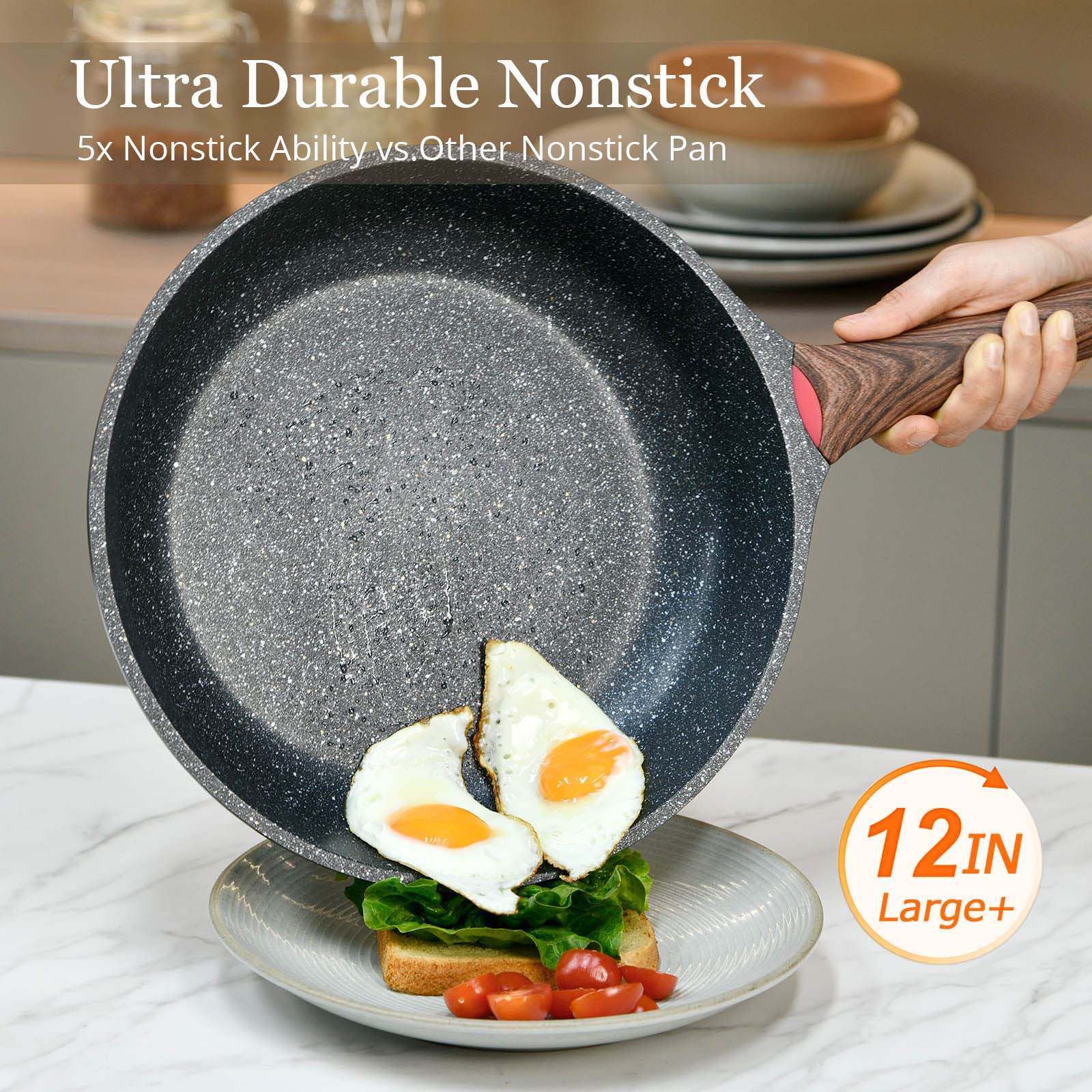 DIIG Nonstick Frying Pan with Lid - 12 Inch PFOA-Free Granite Coating Chef's Pan, Large 30 cm Induction Compatible Cookware for Gas & Electric Stoves - Perfect for Family Cooking, Sauteing & Gift Giving