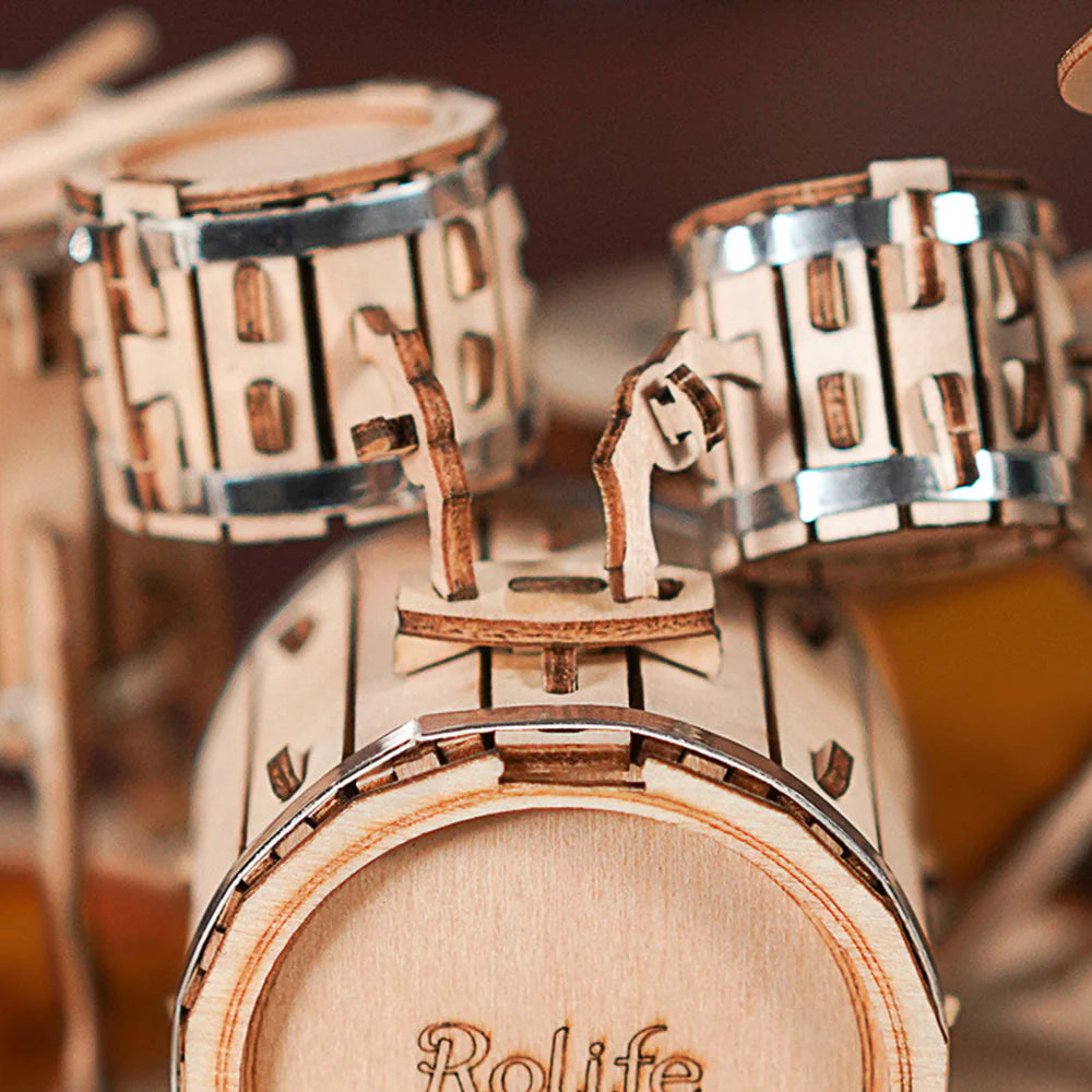 ROBOTIME DIY Drum Kit Model Building Kit - 3D Wooden Puzzle for Adults & Teens - Perfect for Music Lovers, STEM Education, and Home Decor