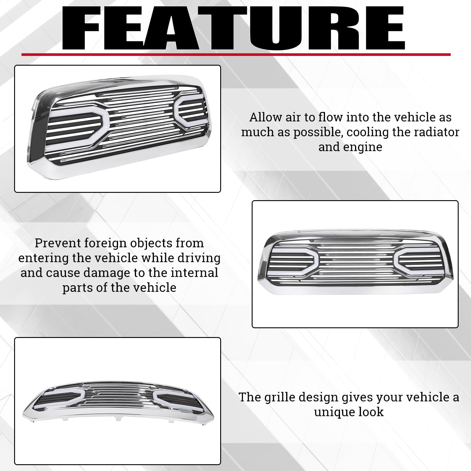HECASA Chrome Front Big Horn Grille Replacement Shell Compatible with 2013-2018 Dodge RAM 1500 (With Light) - Upgrade Your Truck's Style for Off-Roading & Show Car Events