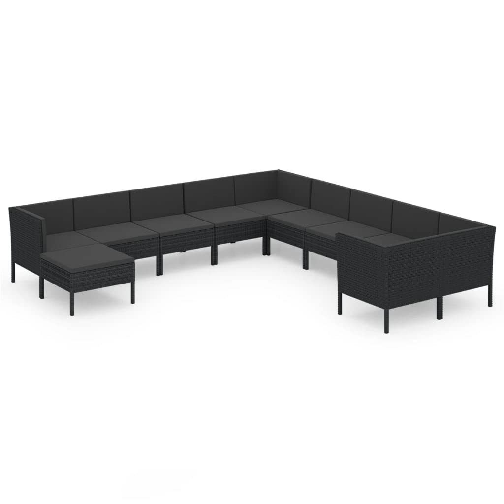 vidaXL 11-Piece Patio Lounge Set with Cushions - Black Poly Rattan Outdoor Furniture for Garden, Terrace & Yard - Perfect for Relaxing, Entertaining & Lounging