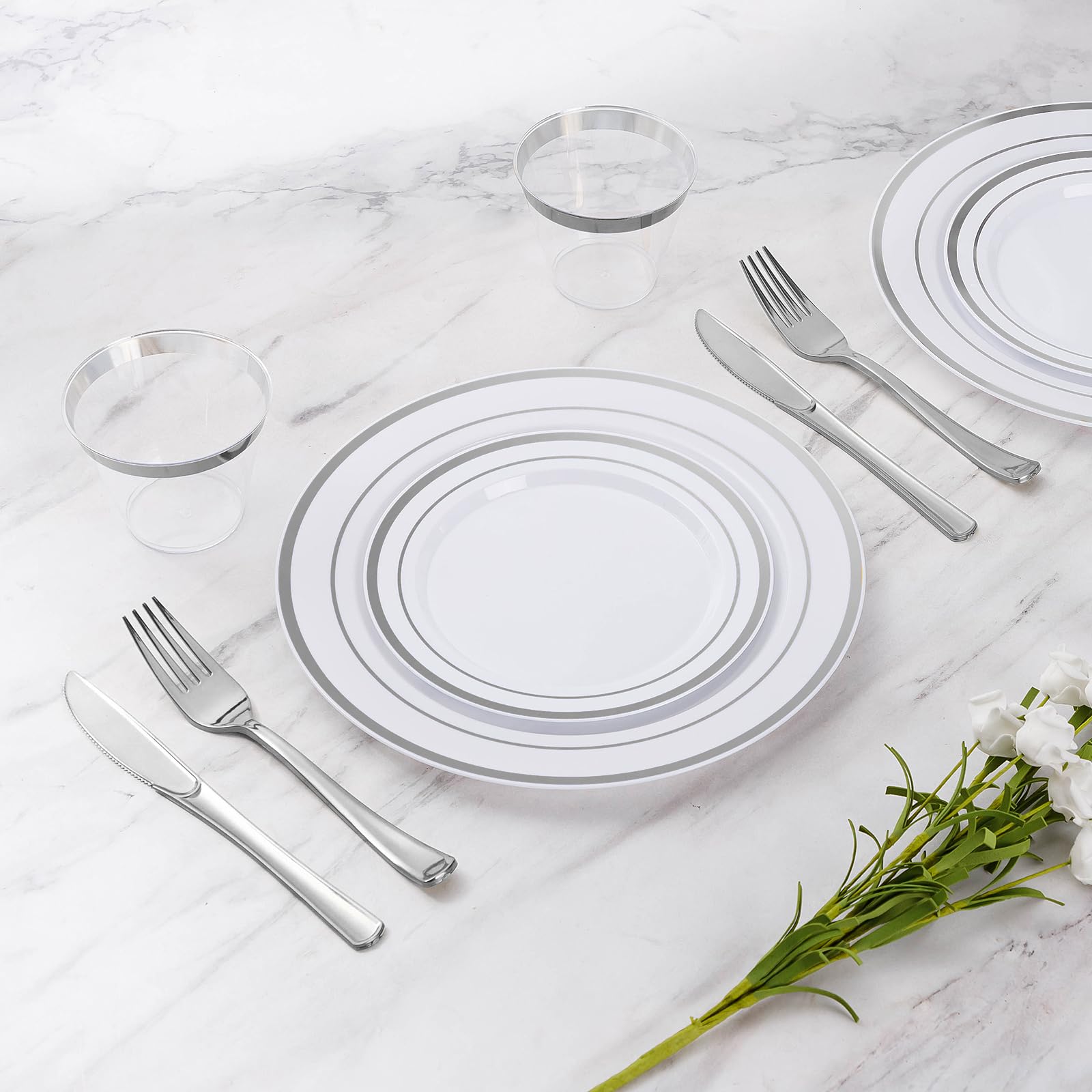 Goodluck 300-Piece Disposable Silver Plastic Dinnerware Set - 50 Dinner Plates, 50 Salad Plates, 50 Spoons, 50 Forks, 50 Knives & 50 Cups - Elegant Party Tableware for Weddings, Birthdays, Catering & Events