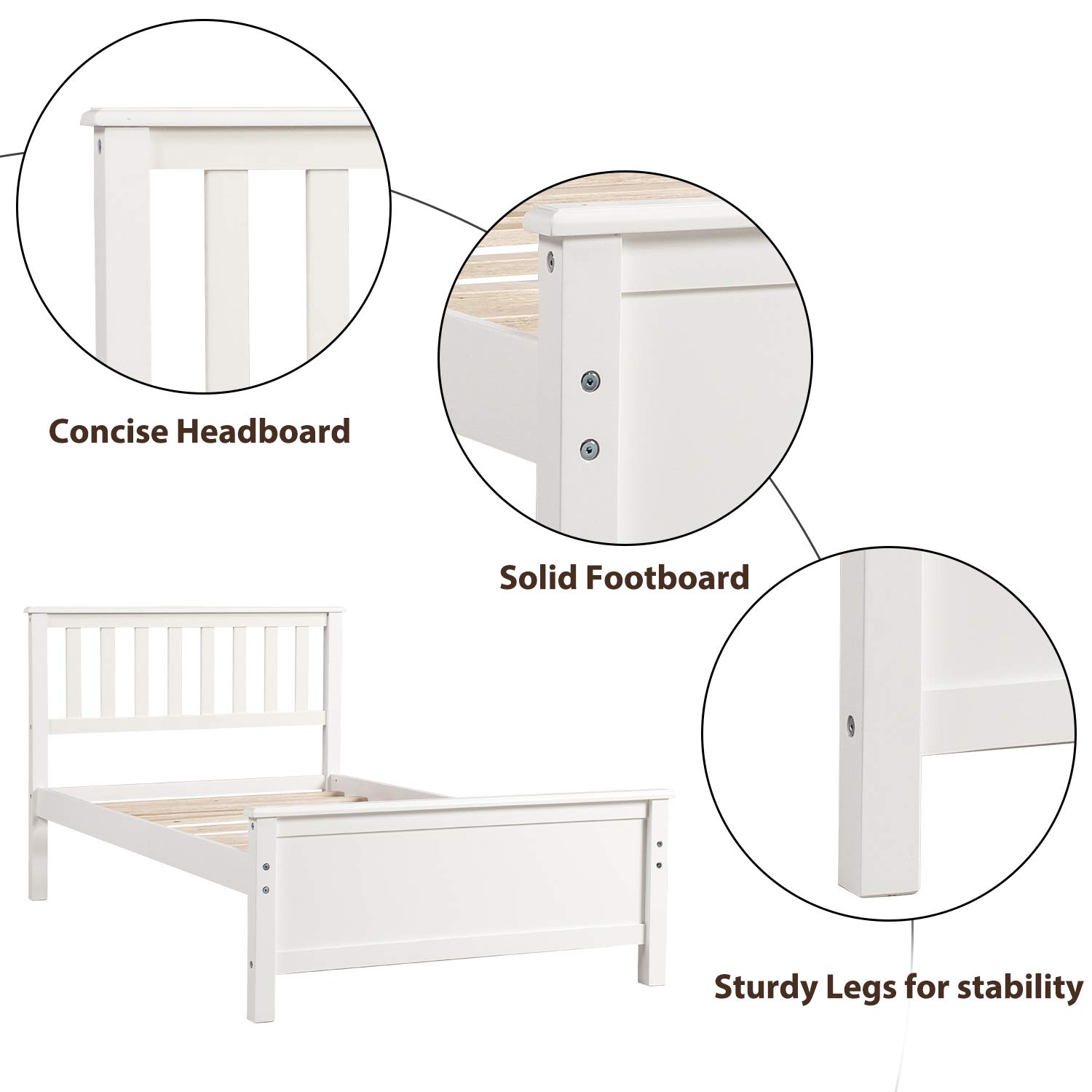 P PURLOVE Twin Bed Frame - Solid Wood Platform Bed with Headboard & Footboard, Wood Slat Support - White - Perfect for Kids Rooms, Guest Bedrooms & Small Spaces