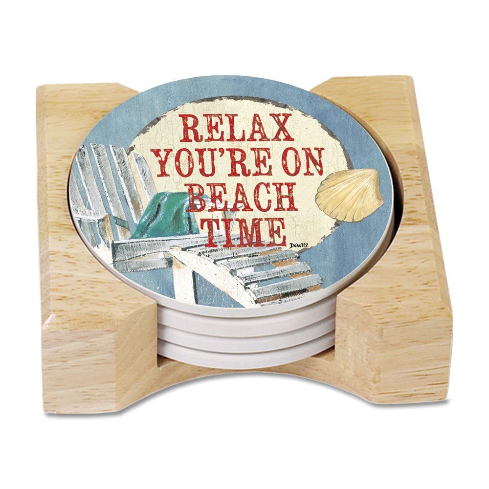 FB JEWELS Solid Relax Beach Time Set of 4 Coasters with Holder - Perfect for Summer Drinks, Pool Parties & Coastal Home Decor